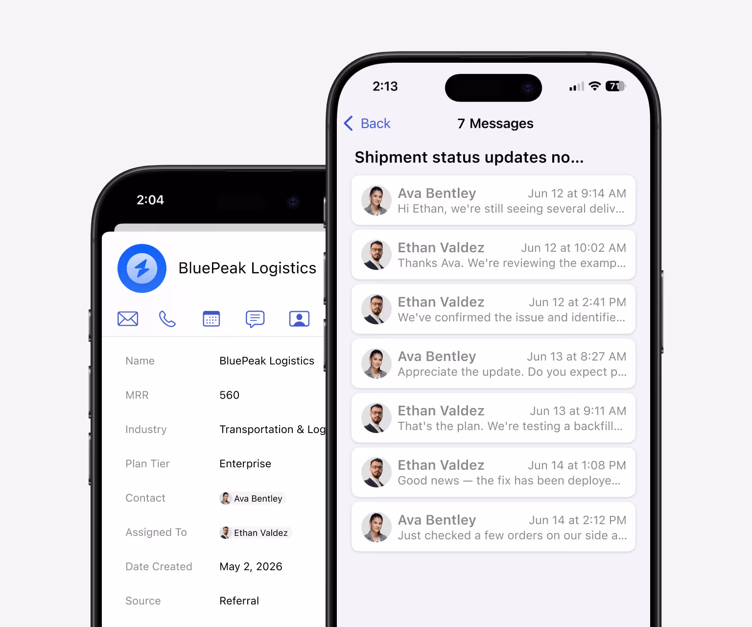 Streak customer support CRM shown on both mobile and desktop — Streak mobile showing the BluePeak Logistics support ticket details on iPhone alongside the Gmail thread for the same ticket on desktop