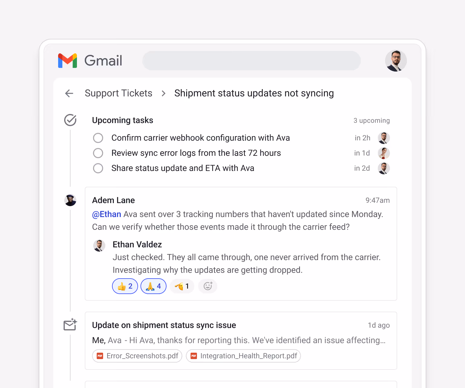 Streak support ticket box for "Shipment status updates not syncing" showing upcoming tasks — "Confirm carrier webhook configuration", "Review sync error logs", "Share status update with Ava" — and an @mention thread between Adem Lane and Ethan Valdez