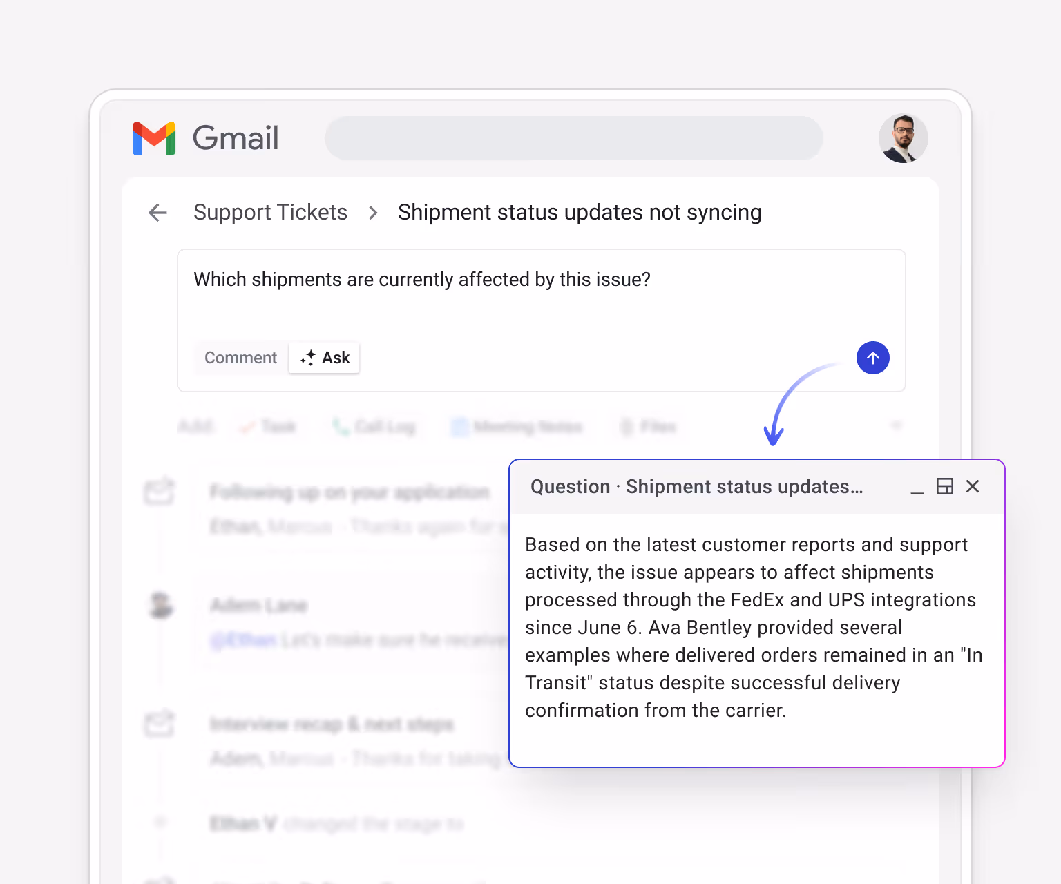 Streak AI "Ask" feature querying a support ticket — "Which shipments are currently affected by this issue?" — with an AI-generated answer pulled from the full customer email thread