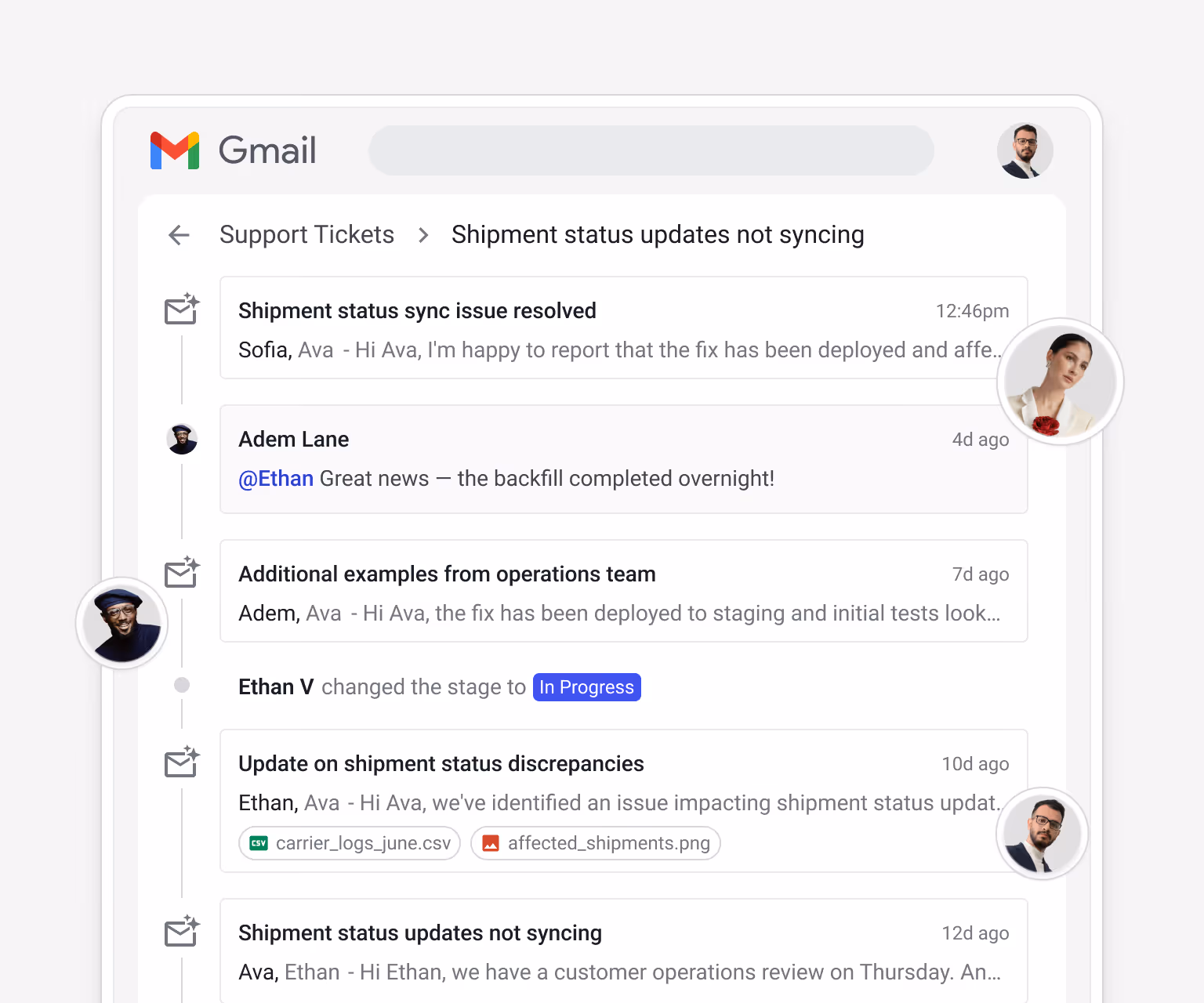 Streak support ticket box timeline for "Shipment status updates not syncing" showing all emails, a stage change to "In Progress", and an @mention from Adem Lane with a reply from Ethan Valdez — giving the team full context on every ticket