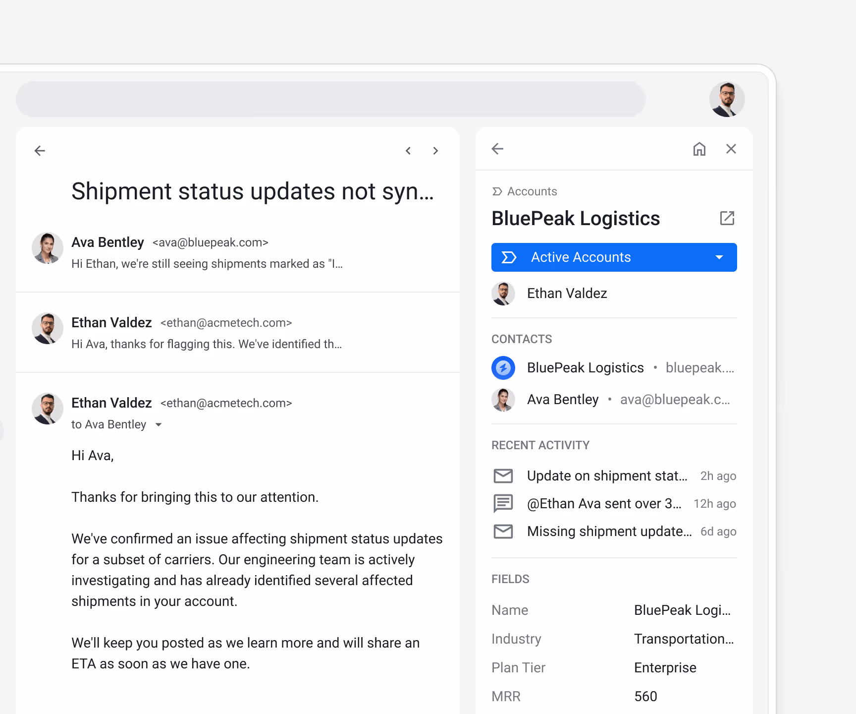 Streak support ticket record for BluePeak Logistics (Active Accounts stage) showing an email thread alongside company details — Industry: Transportation, Plan Tier: Enterprise, MRR: $60 — all automatically associated in Gmail