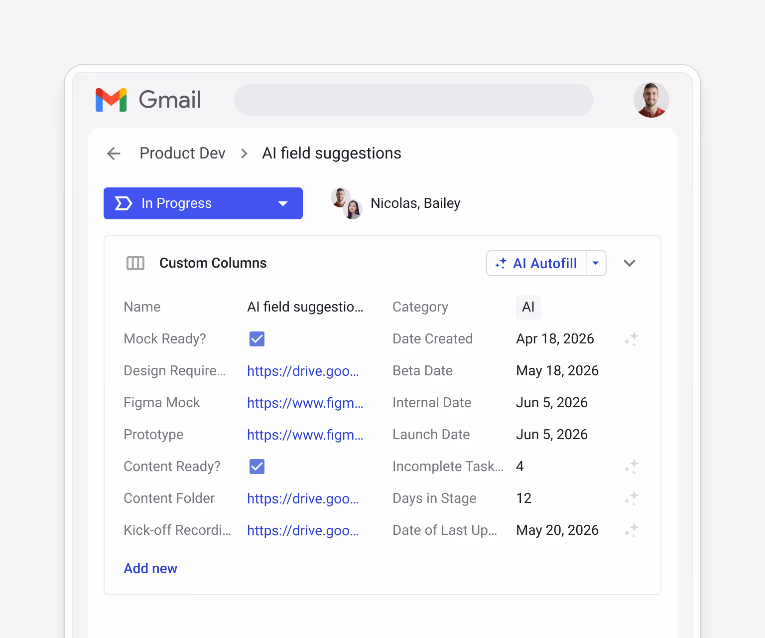 Streak product dev box for "AI field suggestions" showing the Custom Columns panel — Mock Ready, Figma Mock, Prototype, Beta Date, Launch Date, and more — alongside an AI Autofill button for populating feature fields automatically