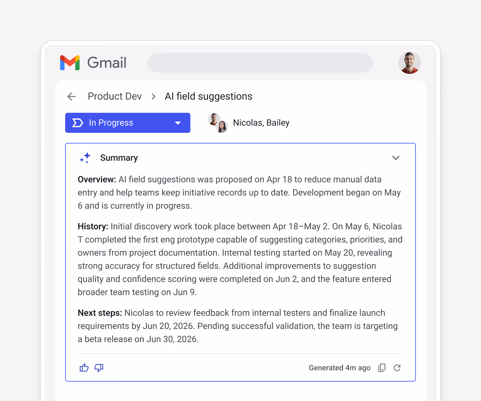 Streak AI-generated product feature summary for "AI field suggestions" — showing overview, development history, and next steps for the current release cycle