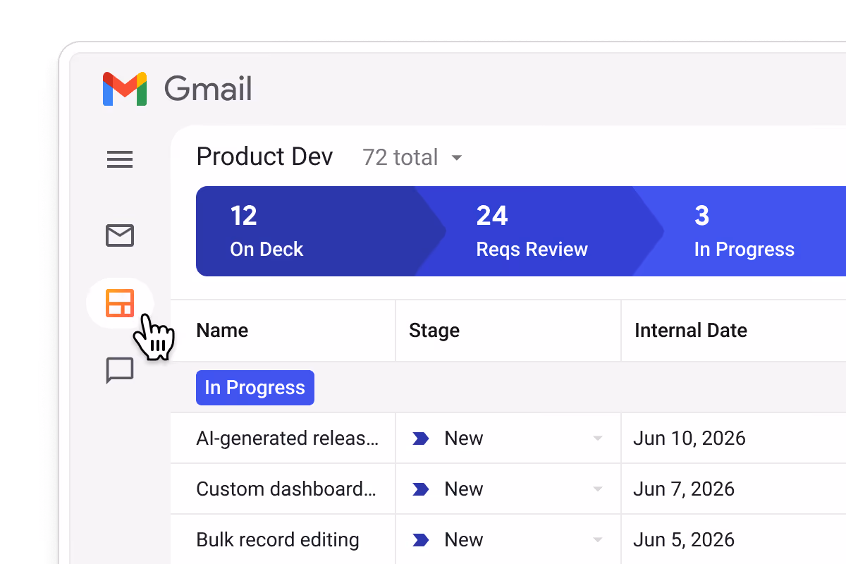 Streak product development CRM pipeline in Gmail showing features at the On Deck and In Progress stages — accessible directly from the Gmail sidebar