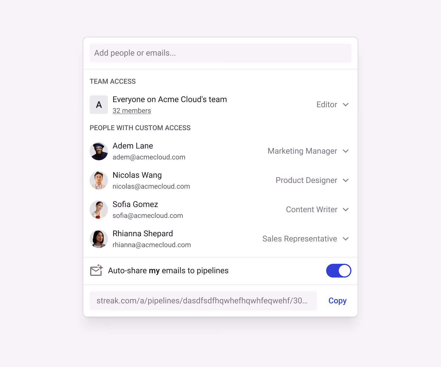 Streak product development pipeline sharing settings for Acme Cloud's team — Marketing Manager, Product Designer, Content Writer, and Sales Representative — with auto-share emails enabled for cross-functional product visibility