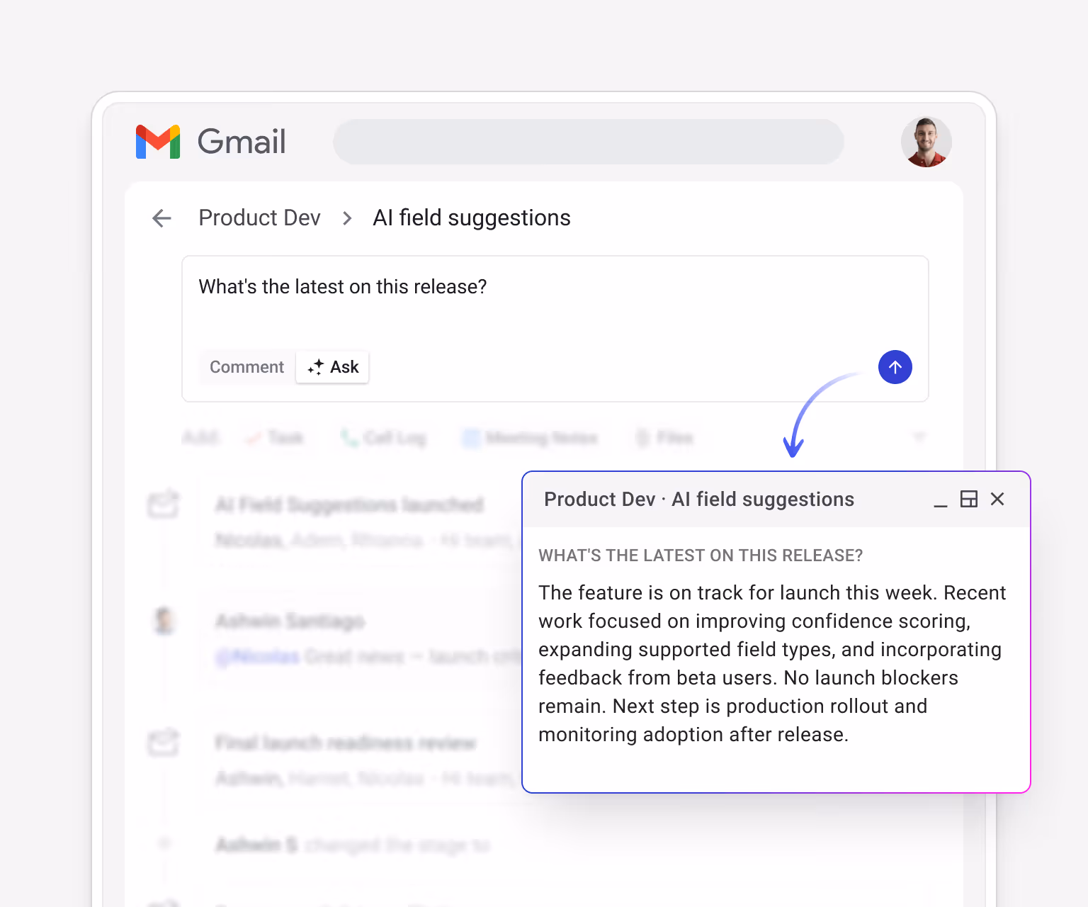 Streak AI "Ask" feature querying a product dev box — "What's the latest on this release?" — with an AI-generated answer from the full feature thread and comments