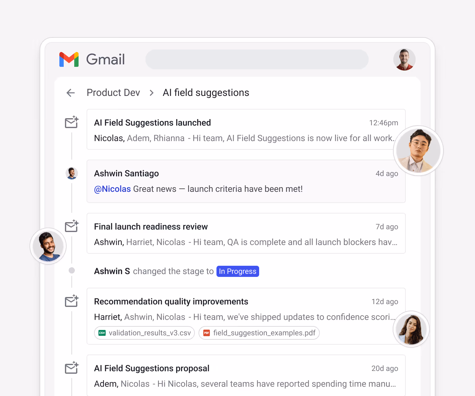 Streak product dev box timeline for "AI Field Suggestions" feature showing all emails, a stage change to "In Progress", @mention comments from Ashwin Santiago and Nicolas Trevino, and attached files — giving the team full context on each initiative
