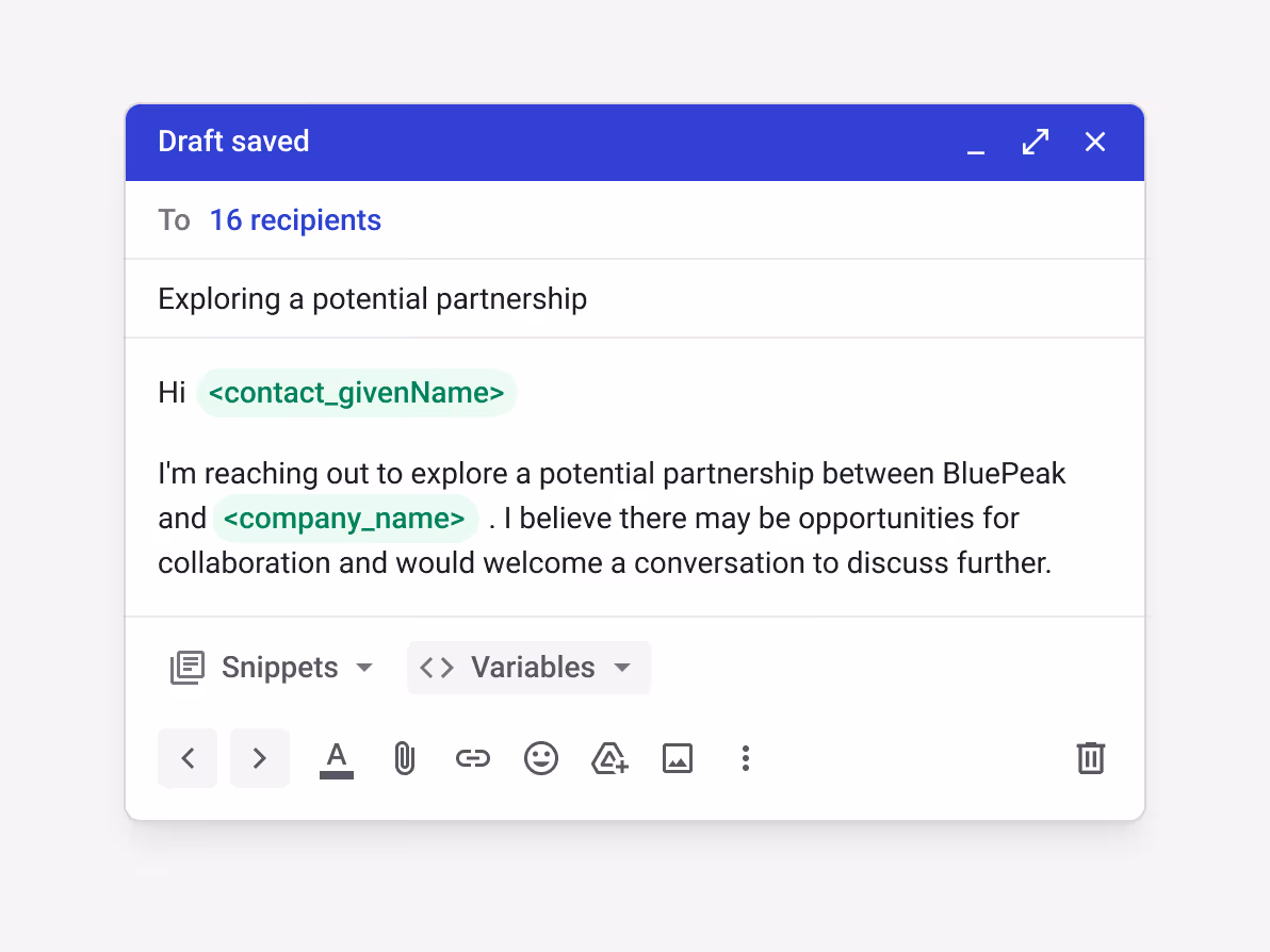 Streak mail merge draft "Exploring a potential partnership" sent to 16 prospects with personalized <contact_givenName> and <company_name> variables for scalable, personalized partnership outreach