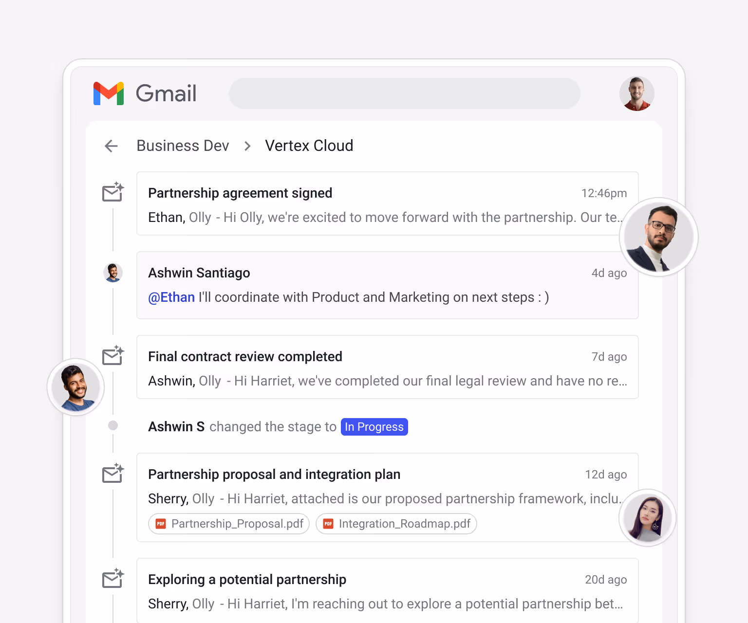 Streak Business Dev box timeline for Vertex Cloud showing all emails — "Partnership agreement signed", @mention from Ashwin Santiago, "Final contract review completed", "Partnership proposal and integration plan" (with Partnership_Proposal.pdf and Integration_Roadmap.pdf attached) — and a stage change to In Progress