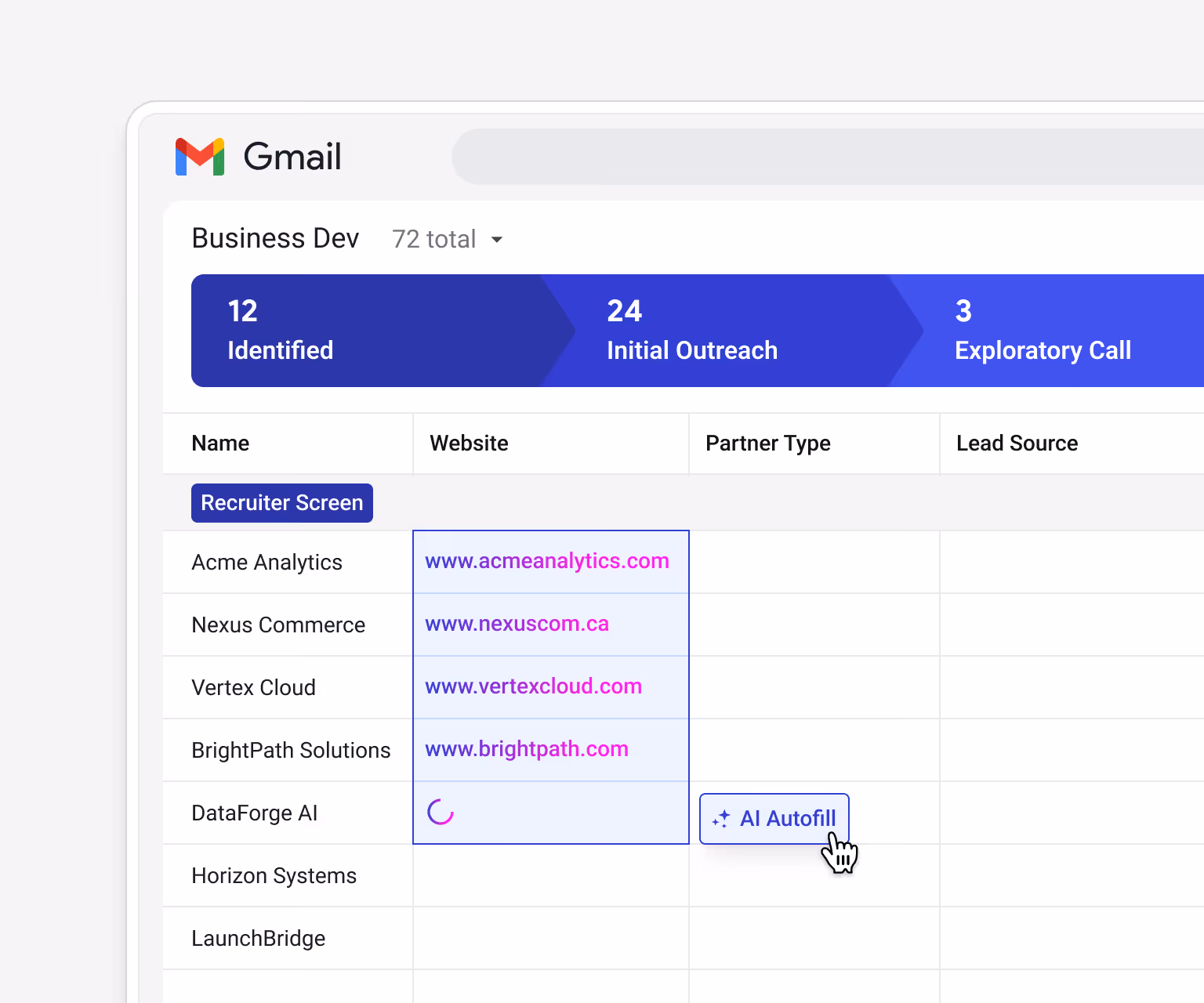 Streak AI Autofill populating the "Website" column — www.acmeanalytics.com, www.nexuscom.ca, www.vertexcloud.com, www.brightpath.com — for partners in the Business Dev pipeline