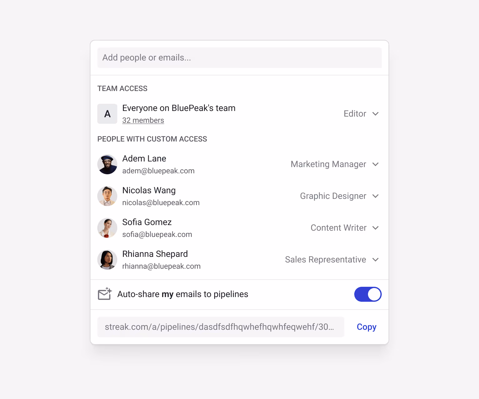 Streak Business Dev pipeline sharing settings for BluePeak's team — Marketing Manager, Graphic Designer, Content Writer, and Sales Representative — with auto-share emails enabled
