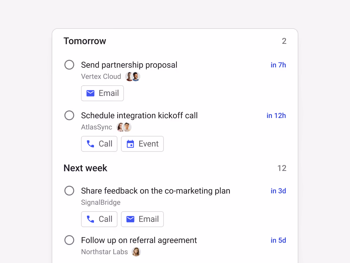 Streak task list for partnership follow-ups — "Send partnership proposal" (Vertex Cloud, in 7h, Email), "Schedule integration kickoff call" (AtlasSync, in 12h, Call/Event), "Share feedback on the co-marketing plan" (SignalBridge, in 3d, Call/Email), "Follow up on referral agreement" (Northstar Labs, in 5d)