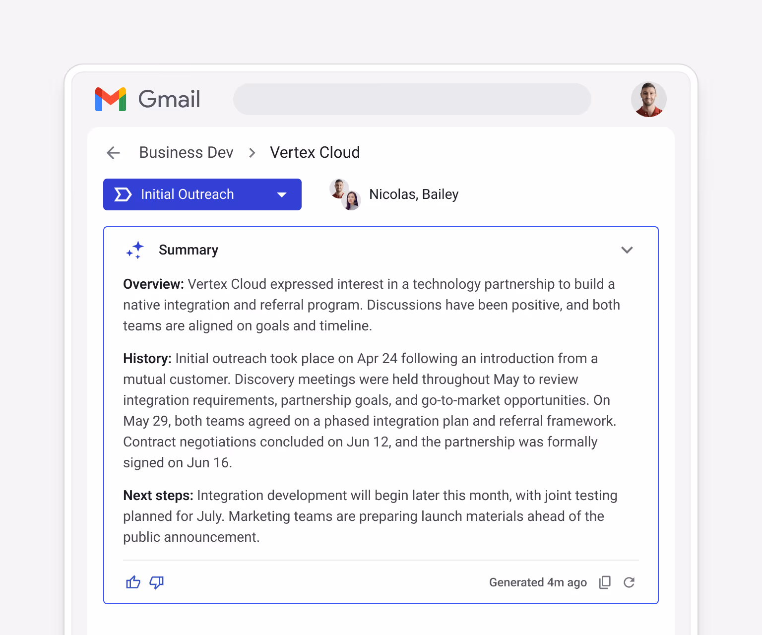 Streak AI-generated partnership summary for Vertex Cloud (Business Dev, Initial Outreach) — overview (technology partnership to build a native integration and referral program), history (initial outreach Apr 24, discovery meetings May, partnership signed Jun 16), next steps (integration development and joint testing planned for July)