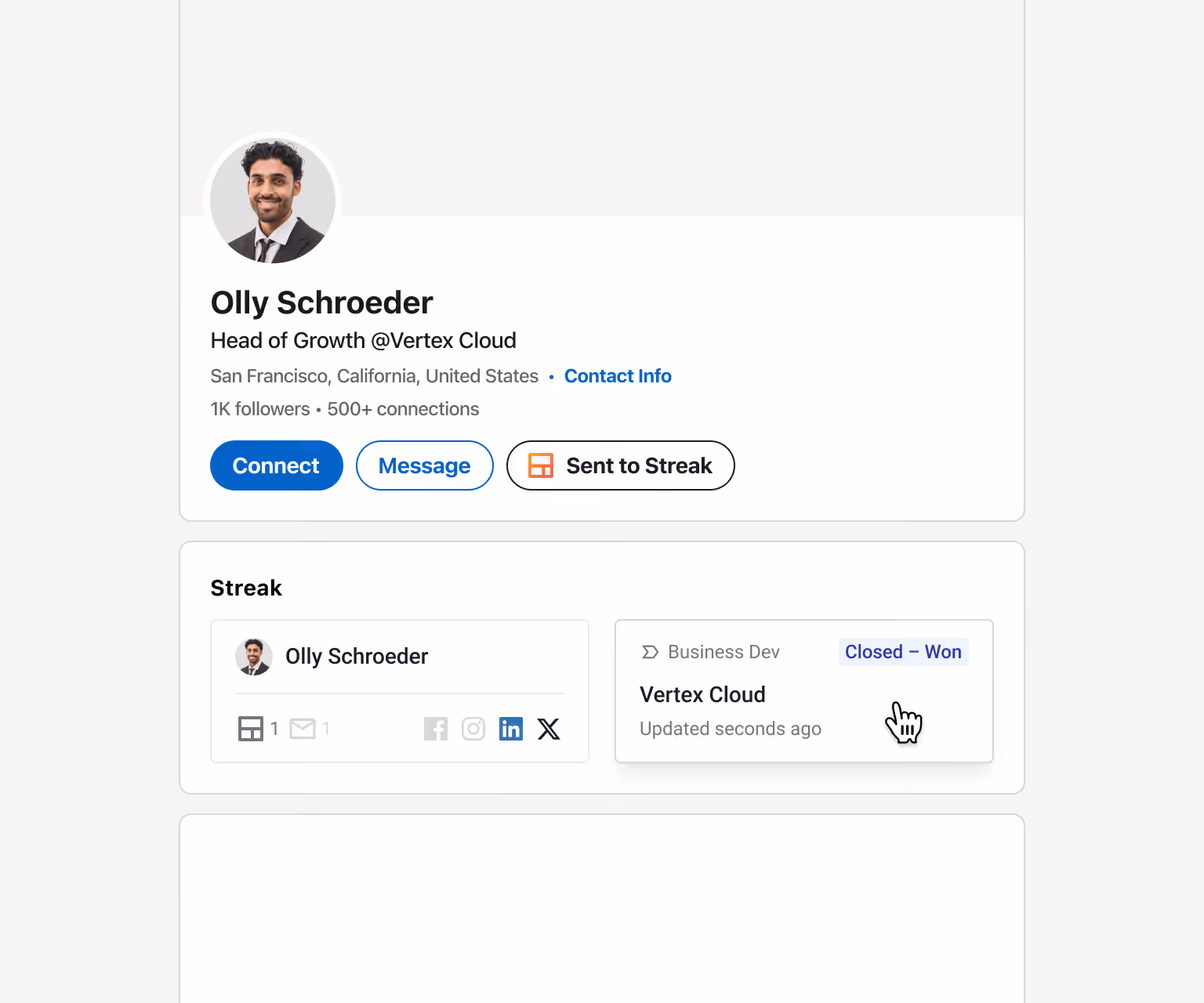 LinkedIn profile of Olly Schroeder (Head of Growth @ Vertex Cloud) with a "Sent to Streak" badge — and Streak panel showing Olly is in the Business Dev pipeline at Closed – Won — for one-click contact enrichment from LinkedIn