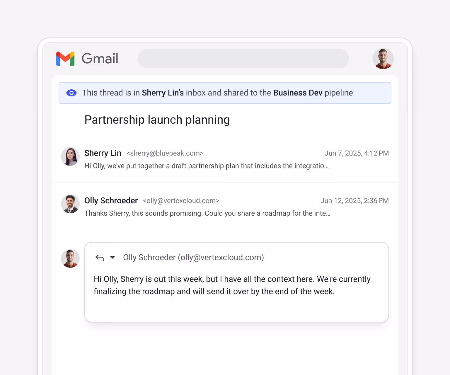 Gmail "Partnership launch planning" email thread from Sherry Lin to Olly Schroeder, shared to the Business Dev pipeline — with an AI-assisted coverage reply: "Hi Olly, Sherry is out this week, but I have all the context here. We're currently finalizing the roadmap..."