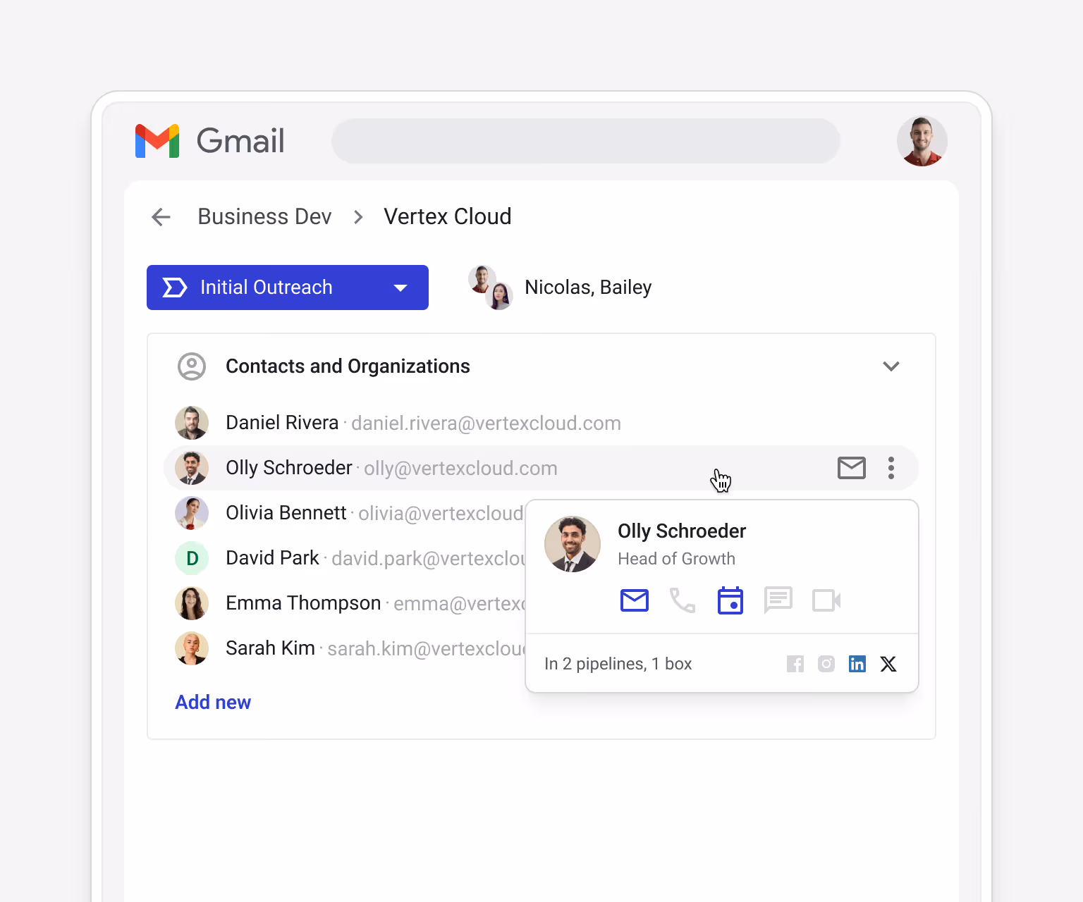 Streak Business Dev box for Vertex Cloud (Initial Outreach stage) showing Contacts and Organizations — Daniel Rivera, Olly Schroeder (Head of Growth), Olivia Bennett, David Park, Emma Thompson, Sarah Kim — with hover popup on Olly Schroeder showing "In 2 pipelines, 1 box"