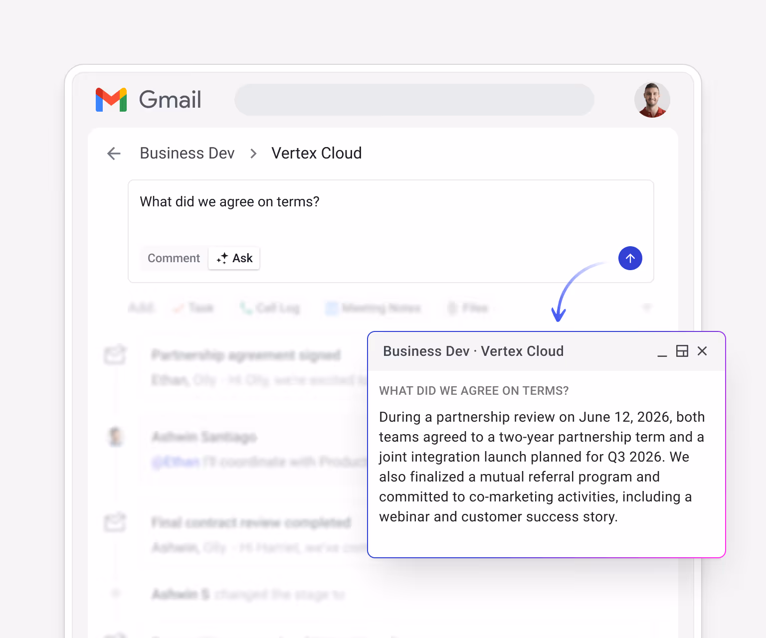 Streak AI "Ask" feature querying a Vertex Cloud partnership box — "What did we agree on terms?" — with an AI-generated answer about the 2-year referral term, revenue share, and joint integration launch