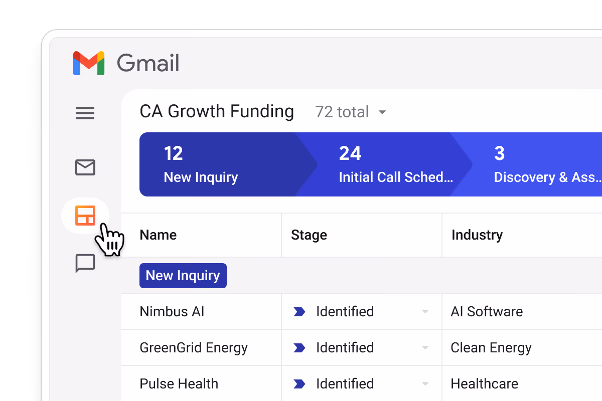 Streak CA Growth Funding pipeline in Gmail showing 72 total — 12 New Inquiry, 24 Initial Call Scheduled, 3 Discovery & Assessment — with Name, Stage, and Industry columns — Nimbus AI (Identified, AI Software), GreenGrid Energy (Identified, Clean Energy), Pulse Health (Identified, Healthcare) — accessible directly from the Gmail sidebar so funding reps can manage their entire pipeline without leaving email