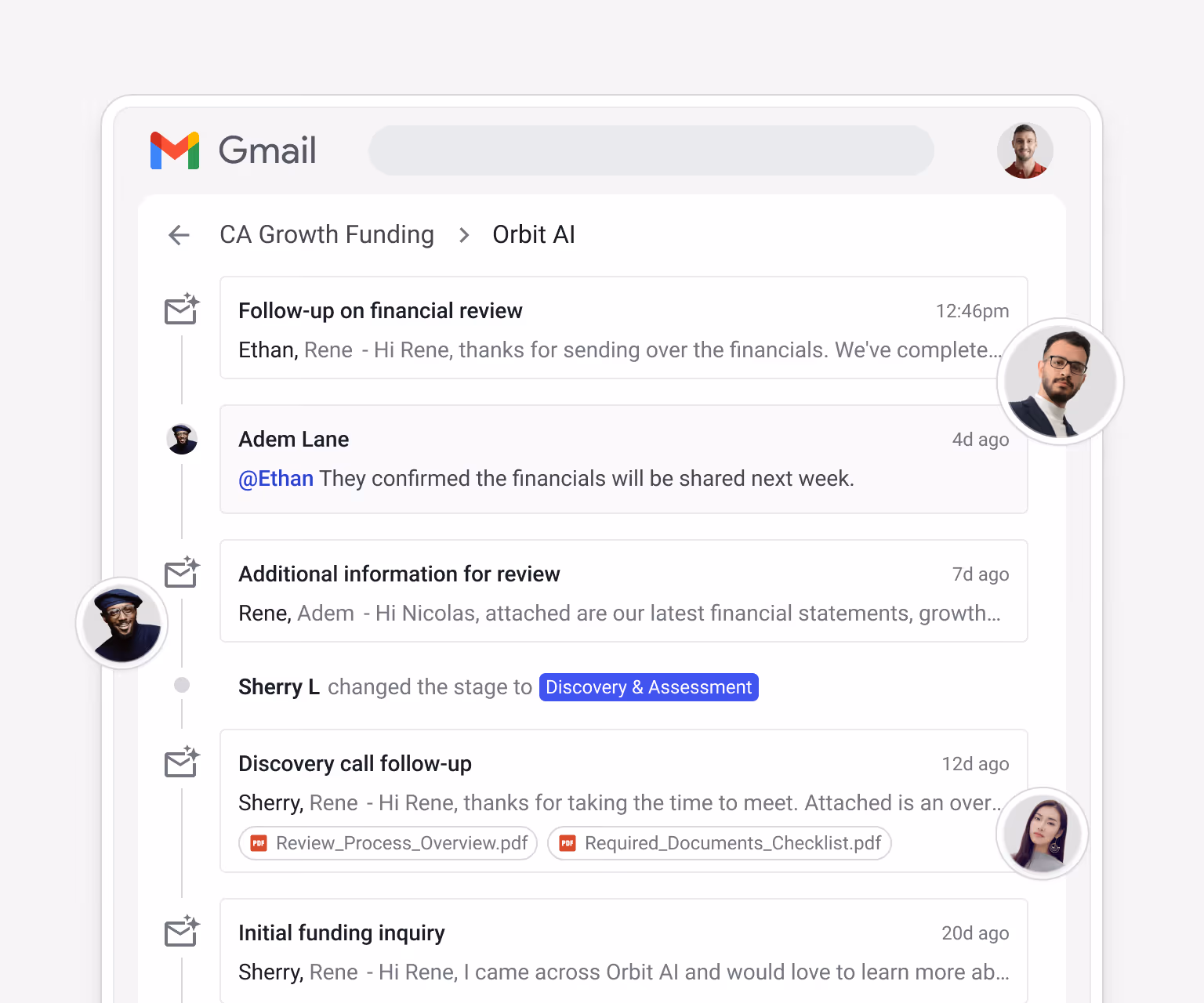 Streak CA Growth Funding > Orbit AI box (Discovery & Assessment stage, assigned Nicolas/Bailey) — Contacts and Organizations panel showing Daniel Rivera, Olly Schroeder (olly@orbitai.com), Olivia Bennett, David Park, Emma Thompson, Nicolas Wang, Sarah Kim — with hover card for Olly Schroeder (Head of Growth, "In 2 pipelines, 1 box")