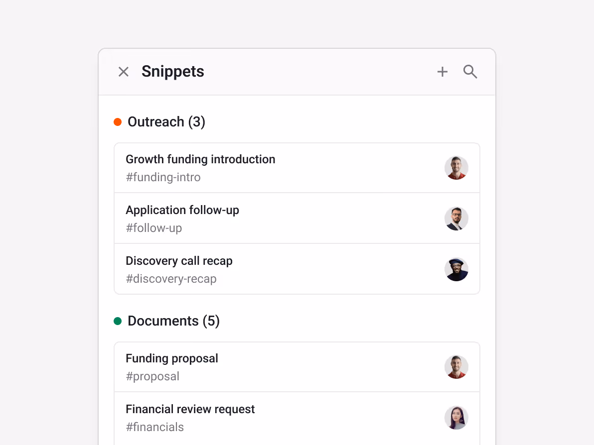 Streak Snippets panel showing "Outreach (3)": Growth funding introduction #funding-intro, Application follow-up #follow-up, Discovery call recap #discovery-recap — and "Documents (5)": Funding proposal #proposal, Financial review request #financials — for fast, consistent communication with funding applicants