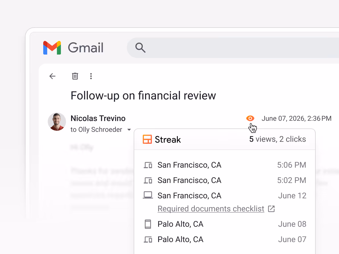Gmail email "Follow-up on financial review" from Nicolas Trevino to Olly Schroeder — Streak tracking showing 5 views, 2 clicks — opened from San Francisco CA (x3, including a "Required documents checklist" link click on June 12) and Palo Alto CA (x2) — giving the funding team insight into when clients are reviewing financial review emails