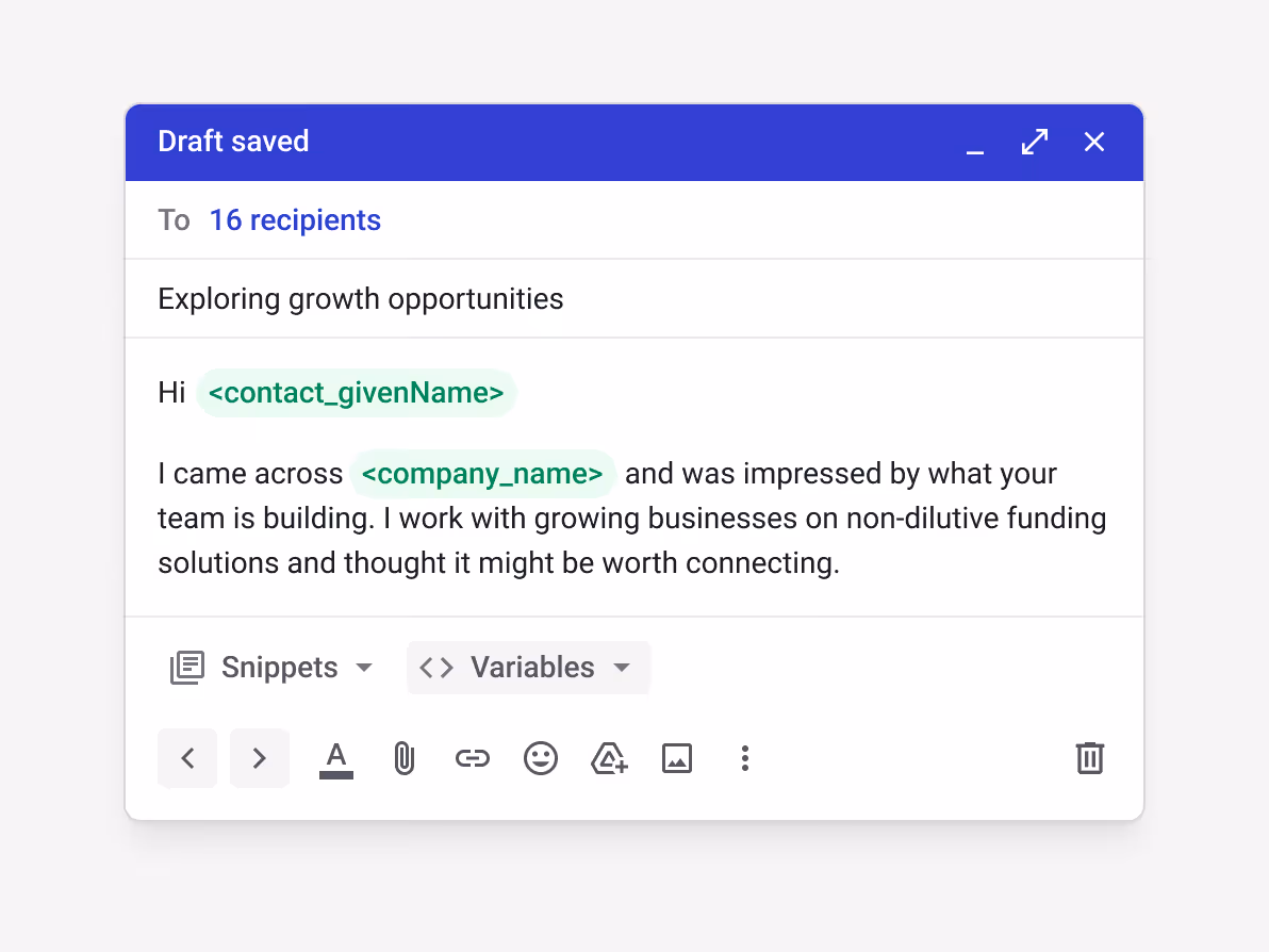 Streak mail merge "Exploring growth opportunities" drafted to 16 recipients — with <contact_givenName> and <company_name> variables — "I came across <company_name> and was impressed by what your team is building. I work with growing businesses on non-dilutive funding solutions and thought it might be worth connecting." — for scalable personalized outreach to small business funding prospects