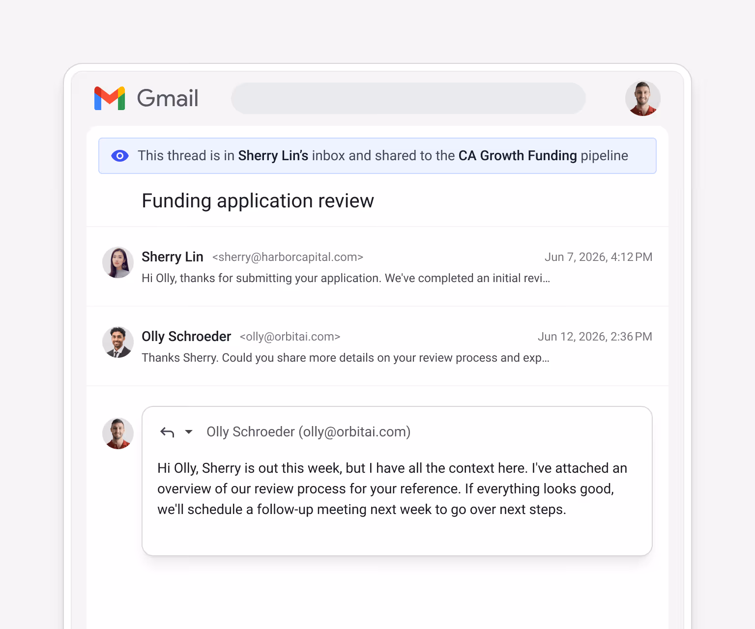 Streak CA Growth Funding > Orbit AI box timeline — "Follow-up on financial review" (Ethan/Rene confirming financials complete), Adem Lane @Ethan "They confirmed the financials will be shared next week", "Additional information for review" (Rene/Adem with latest financial statements), Sherry L changed stage to Discovery & Assessment, "Discovery call follow-up" (Review_Process_Overview.pdf, Required_Documents_Checklist.pdf), "Initial funding inquiry" (Sherry/Rene) — the complete client funding history in one shared view