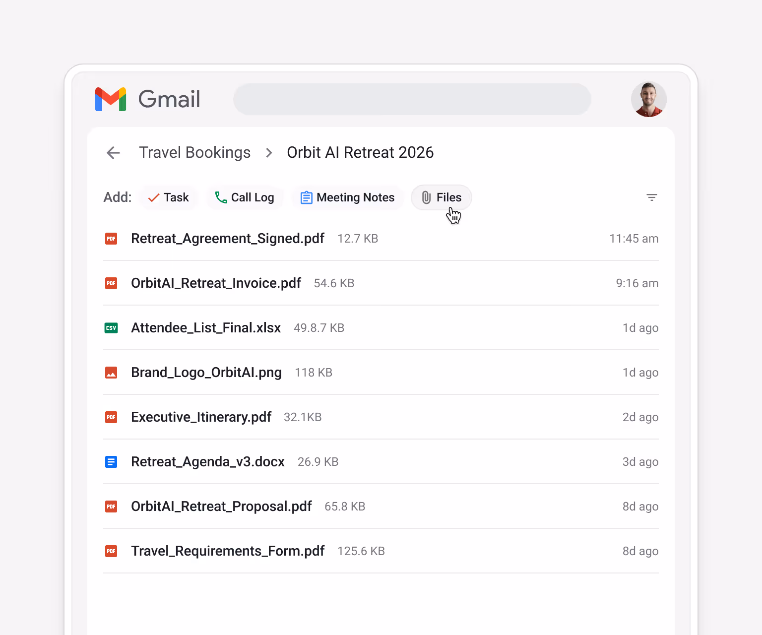 Streak Files tab for Travel Bookings > Orbit AI Retreat 2026 — showing attached documents including Retreat_Agreement_Signed.pdf, OrbitAI_Retreat_Invoice.pdf, Attendee_List_Final.xlsx, Executive_Itinerary.pdf, Retreat_Agenda_v3.docx, OrbitAI_Retreat_Proposal.pdf, and Travel_Requirements_Form.pdf — all stored directly on the booking record