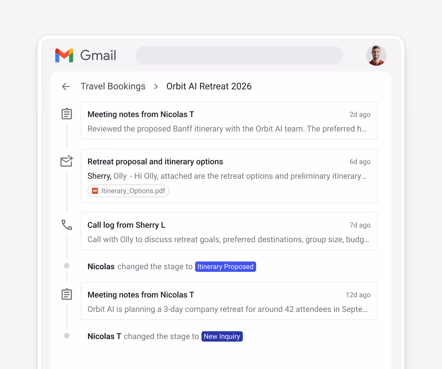 Streak travel booking box for Orbit AI Retreat 2026 showing linked contacts, upcoming tasks, and email threads — all automatically associated with the right booking record in Gmail