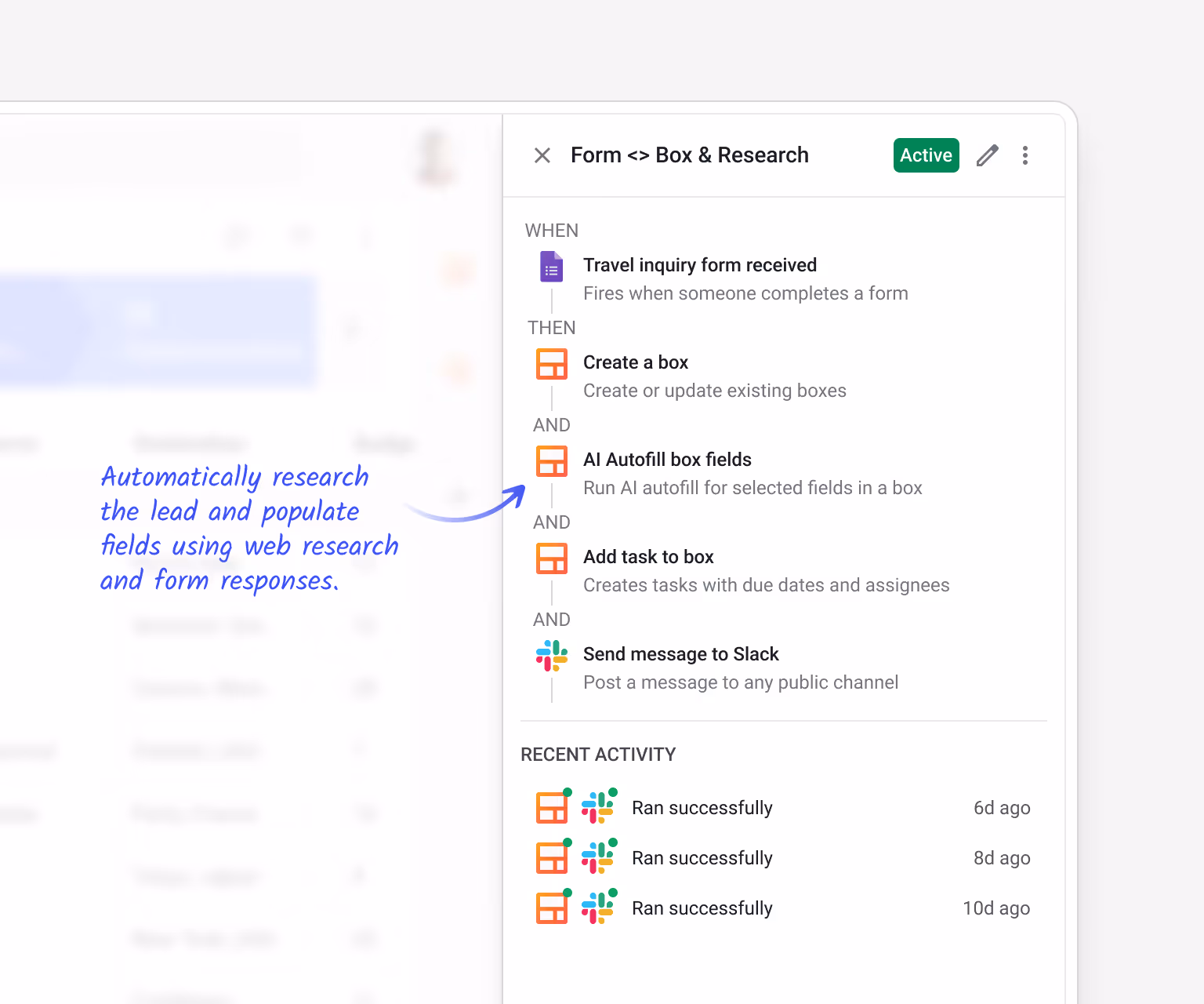 Streak automation: "Travel inquiry form received" → Create box → AI Autofill fields → Add task to box → Send message to Slack — automatically researching the lead, populating fields from form responses, and routing new inquiries to the right consultant
