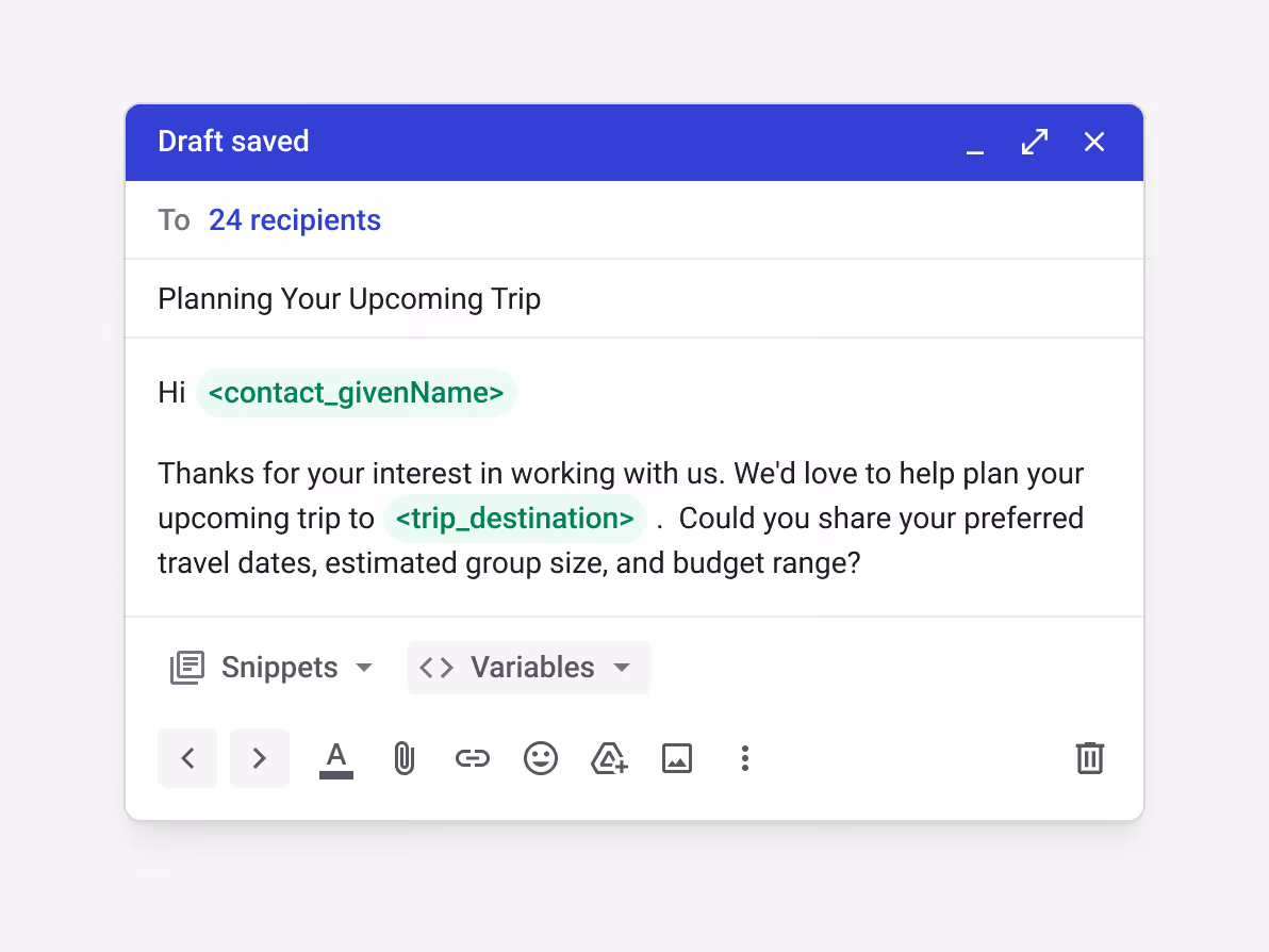Streak task list for travel booking follow-ups — "Send initial itinerary proposal" (in 7h, Email), "Follow up on hotel selection" (in 12h, Call/Event), "Confirm final headcount" (in 3d) — with grouped Tomorrow and Next week sections