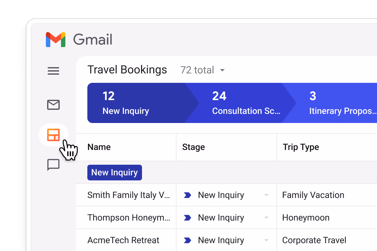 Streak travel agency Travel Bookings pipeline in Gmail showing 12 New Inquiry, 24 Consultation Scheduled, and 3 Itinerary Proposed — Smith Family Italy Vacation (Family Vacation), Thompson Honeymoon (Honeymoon), AcmeTech Retreat (Corporate Travel) — accessible directly from the Gmail sidebar