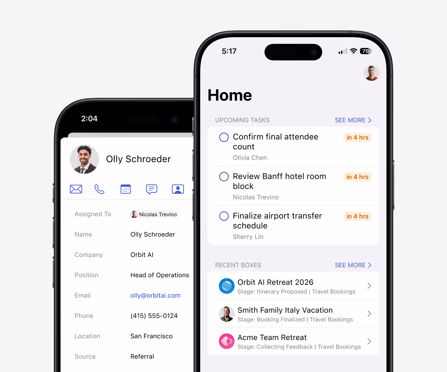 Streak mobile app showing upcoming tasks for travel bookings — "Confirm final attendee count" (Olivia Chen, in 4hrs), "Review Banff hotel room block" (Nicolas Trevino, in 4hrs), "Finalize airport transfer schedule" (Sherry Lin, in 4hrs) — alongside Recent Boxes: Orbit AI Retreat 2026, Smith Family Italy Vacation, Acme Team Retreat