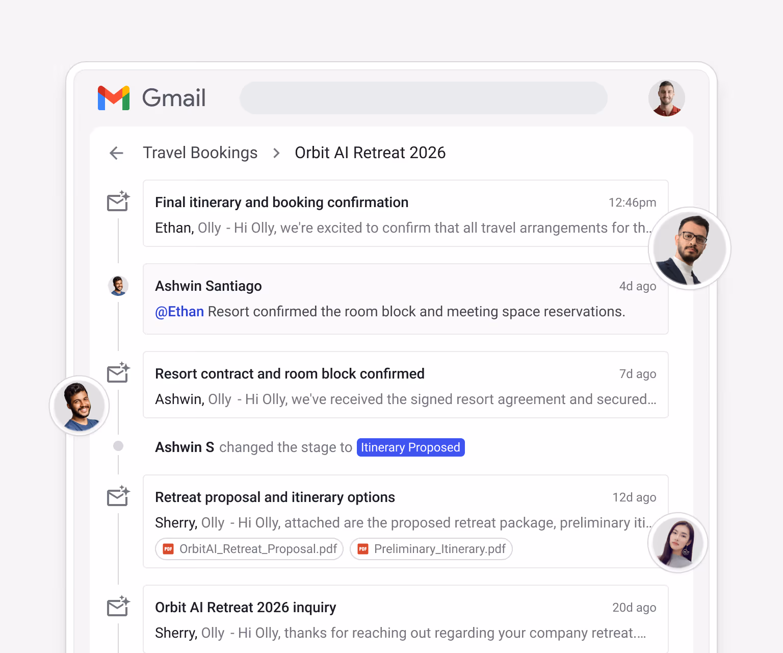 Streak Travel Bookings box timeline for Orbit AI Retreat 2026 — showing emails, stage changes, @mentions, and meeting notes — giving the full booking and consultation history for a corporate travel client in one view