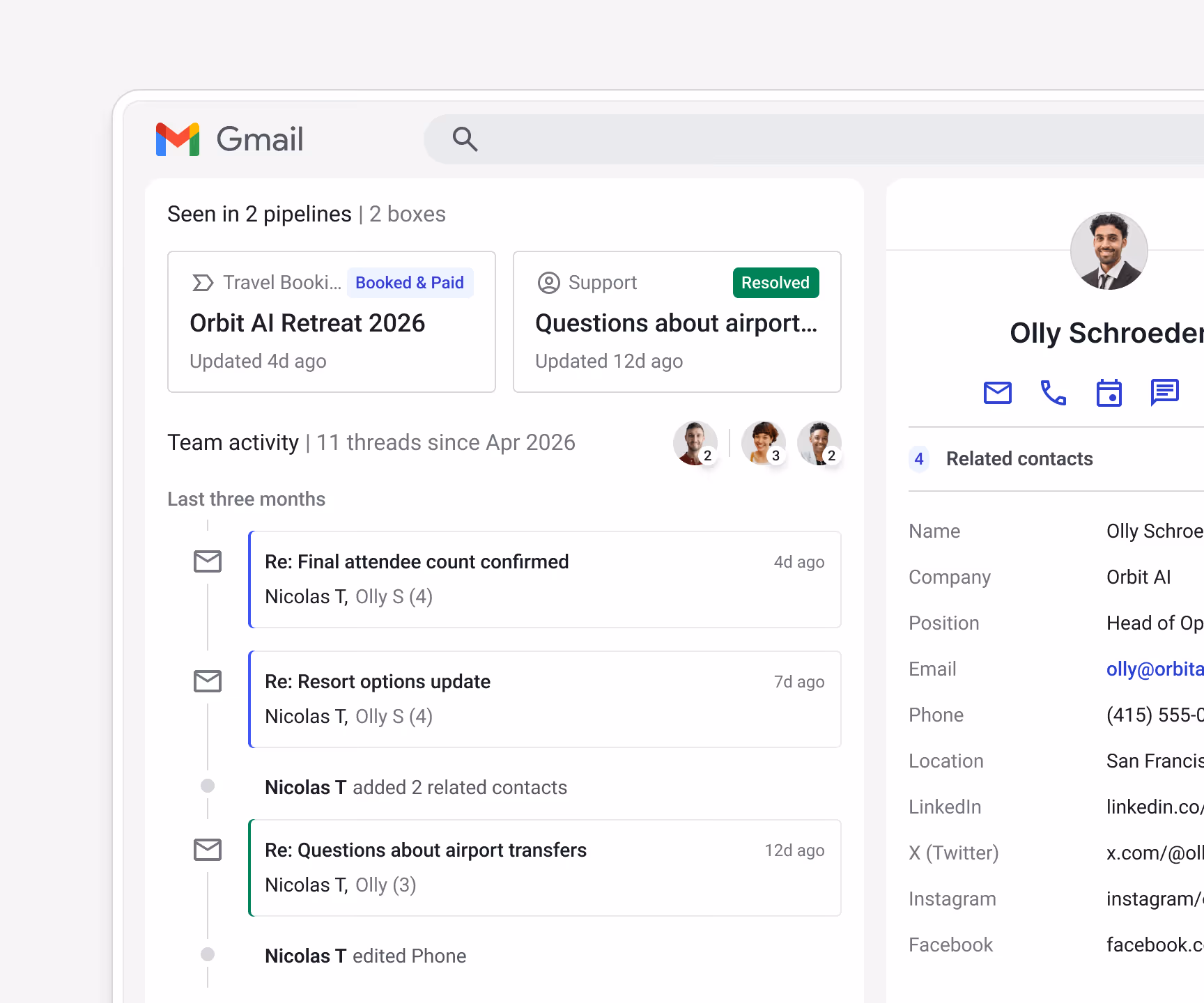 Streak Travel Bookings pipeline sharing settings — giving the consulting team, operations staff, and management shared access to all travel bookings with auto-share emails enabled