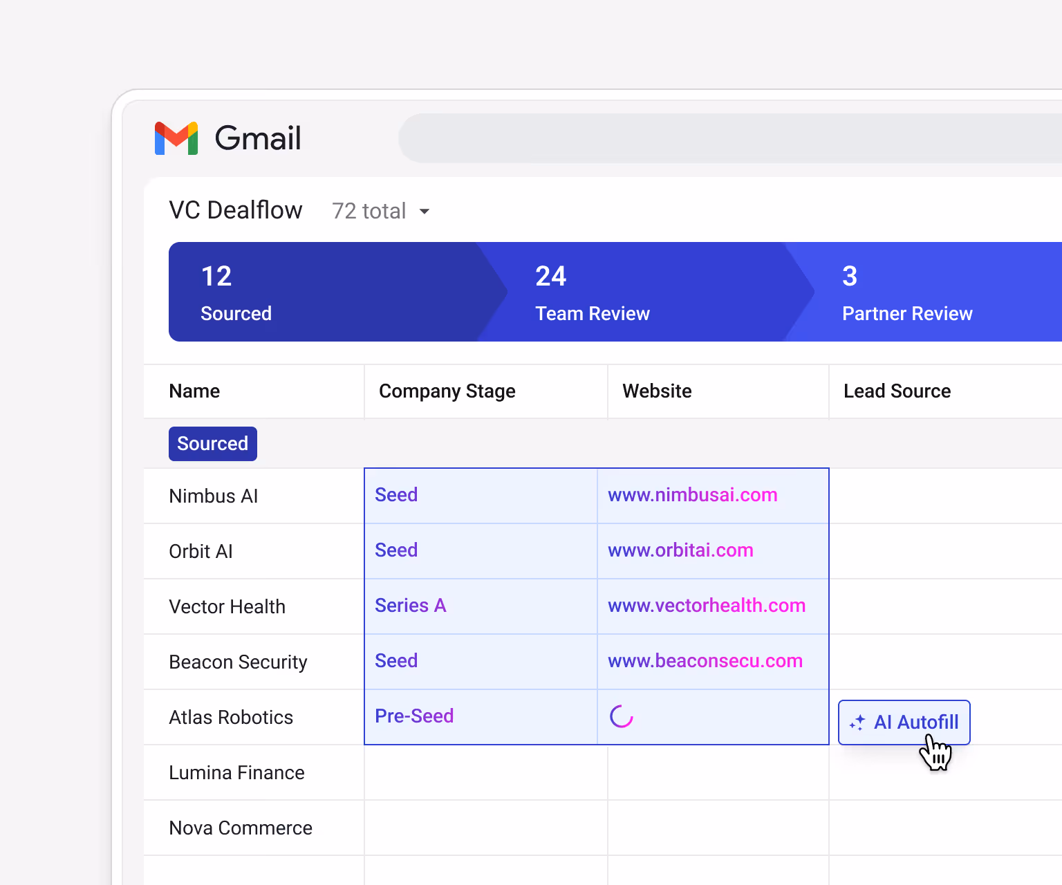 Streak AI Autofill populating "Company Stage" and "Website" columns in the VC Dealflow pipeline — Nimbus AI (Seed, www.nimbusai.com), Orbit AI (Seed, www.orbitai.com), Vector Health (Series A, www.vectorhealth.com), Beacon Security (Seed, www.beaconsecu.com), Atlas Robotics (Pre-Seed, loading) — automatically enriching deal flow records with company data for faster due diligence