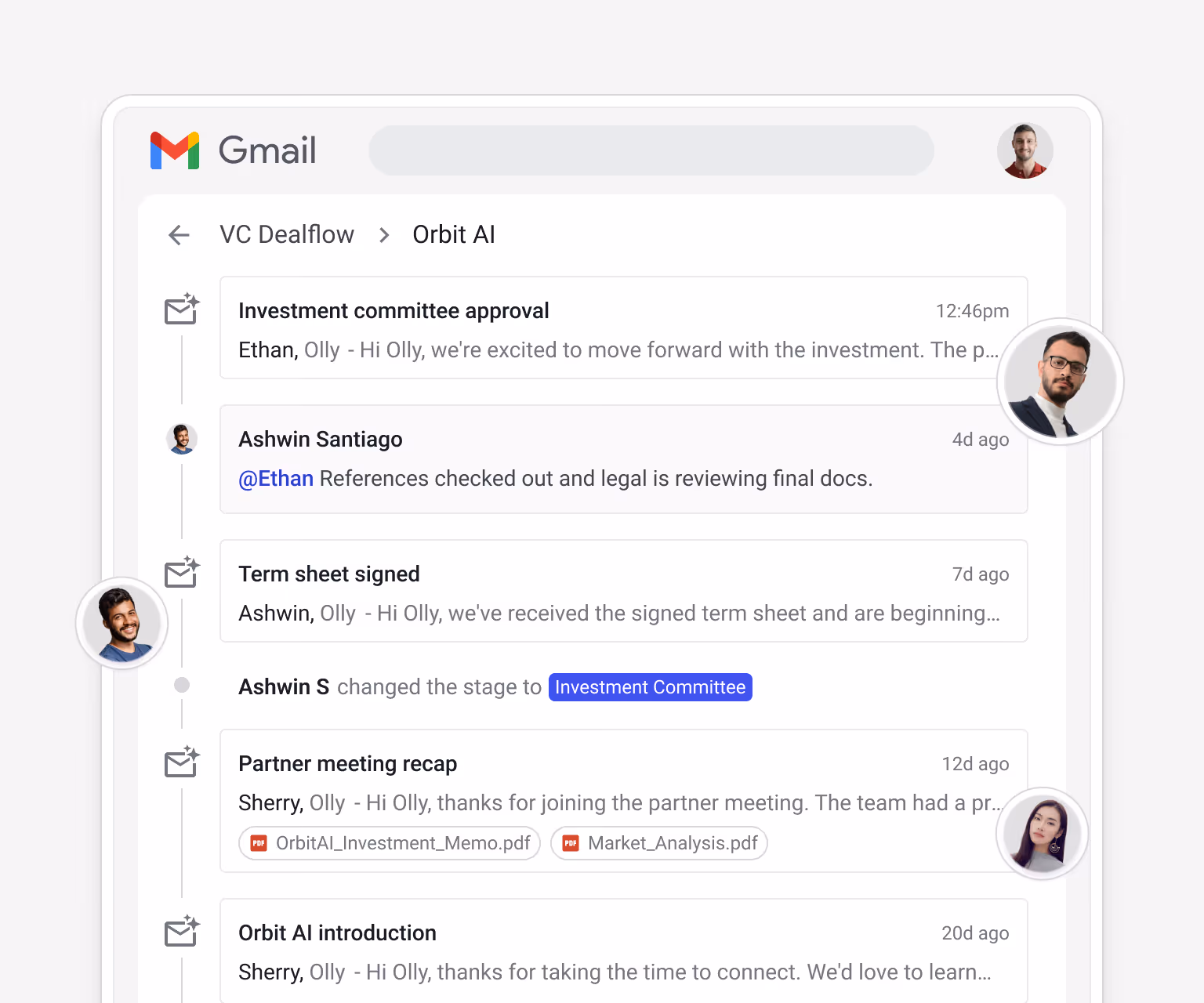 Streak VC Dealflow > Orbit AI box timeline — "Investment committee approval" (Ethan/Olly — excited to move forward), Ashwin Santiago @Ethan "References checked out and legal is reviewing final docs", "Term sheet signed" (Ashwin/Olly), Ashwin S changed stage to Investment Committee, "Partner meeting recap" (Sherry/Olly with OrbitalAI_Investment_Memo.pdf and Market_Analysis.pdf), "Orbit AI introduction" (Sherry/Olly) — the complete deal history from intro to close in one shared view