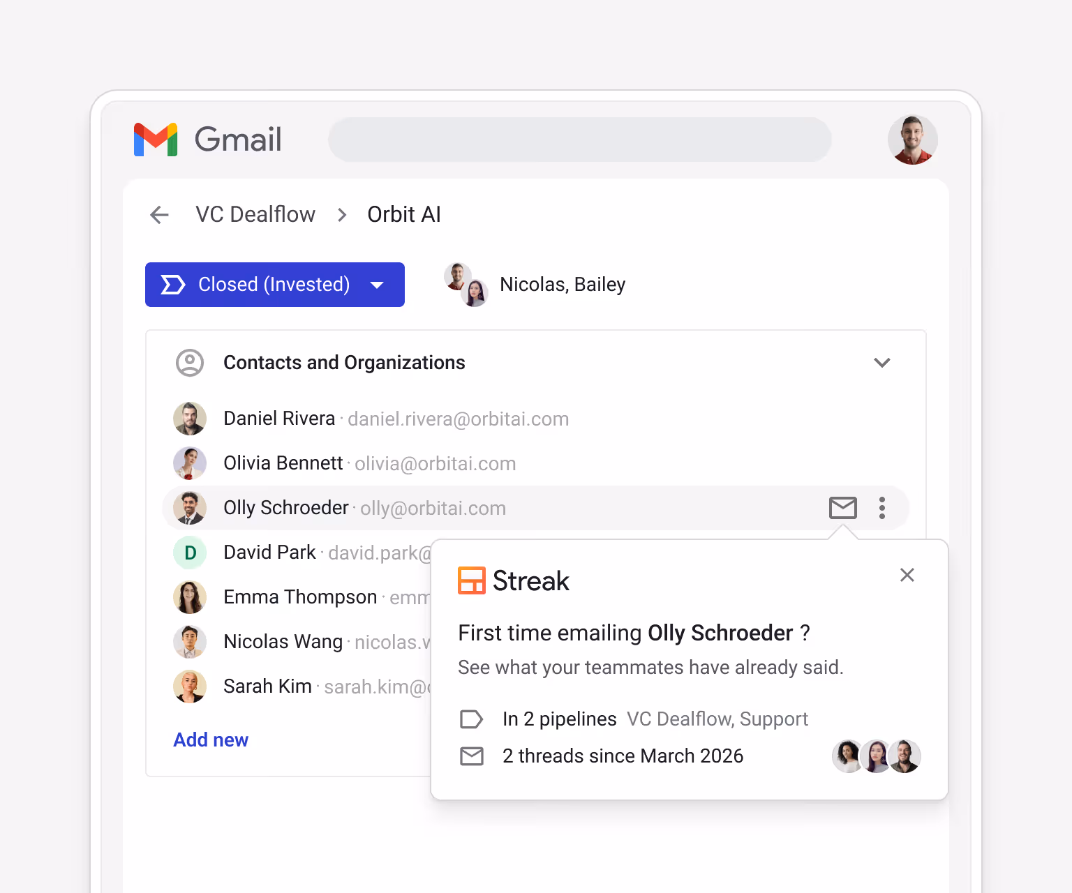 Streak VC Dealflow > Orbit AI (Closed (Invested) stage, Nicolas/Bailey) — Contacts and Organizations: Daniel Rivera, Olivia Bennett, Olly Schroeder (olly@orbitai.com), David Park, Emma Thompson, Nicolas Wang, Sarah Kim — with Streak hover showing "First time emailing Olly Schroeder? In 2 pipelines: VC Dealflow, Support. 2 threads since March 2026" — preventing duplicated outreach and surfacing relationship context