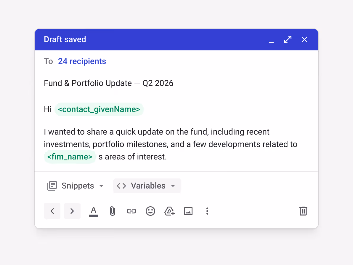 Streak mail merge "Fund & Portfolio Update — Q2 2026" drafted to 24 LP recipients — with <contact_givenName> and <fim_name> variables — "I wanted to share a quick update on the fund, including recent investments, portfolio milestones, and a few developments related to <fim_name>'s areas of interest." — for sending personalized quarterly updates to limited partners at scale