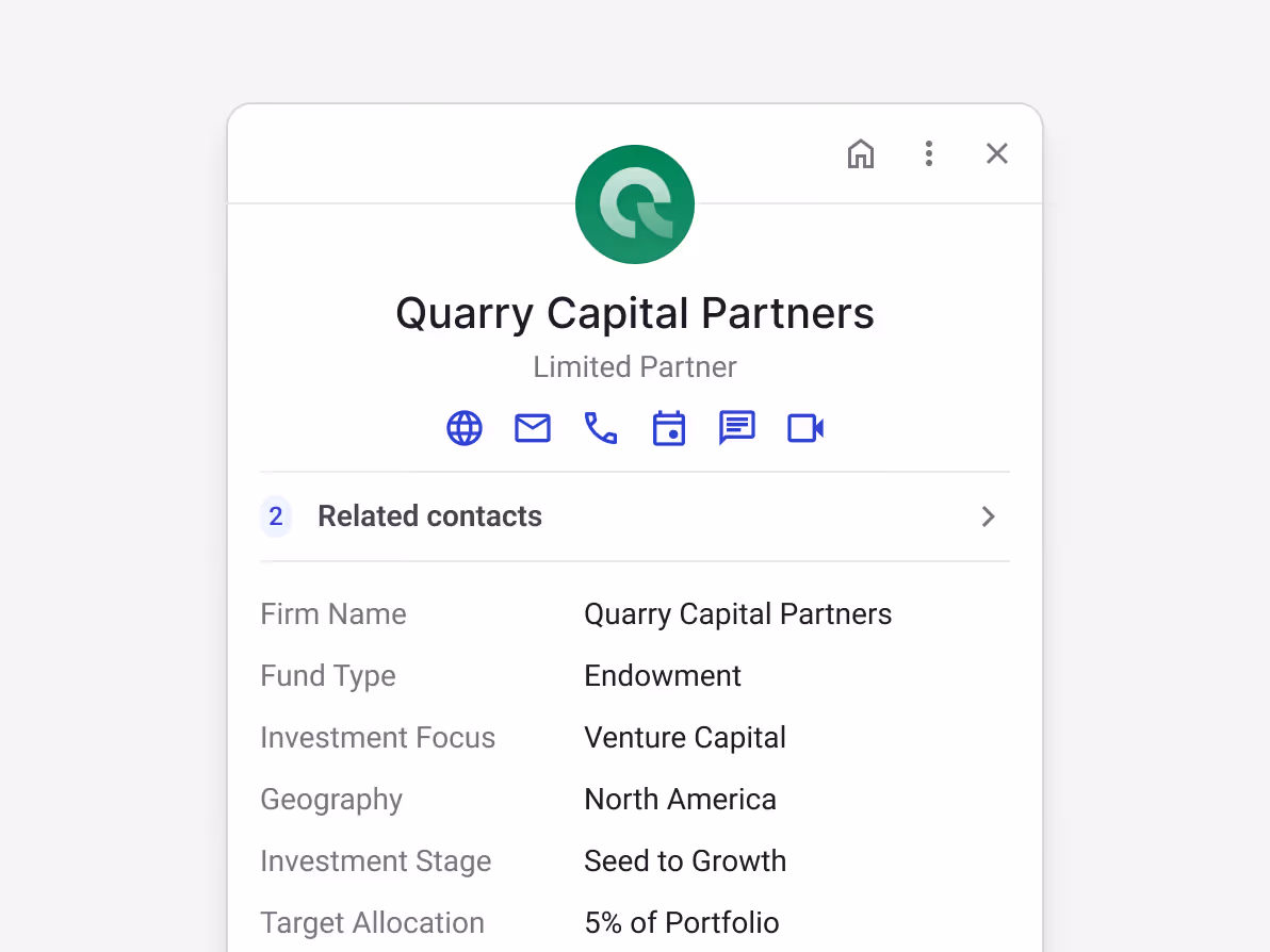 Streak organization record for Quarry Capital Partners (Limited Partner) — Firm Name: Quarry Capital Partners, Fund Type: Endowment, Investment Focus: Venture Capital, Geography: North America, Investment Stage: Seed to Growth, Target Allocation: 5% of Portfolio — with 2 Related contacts — all LP details stored and enriched directly in Gmail