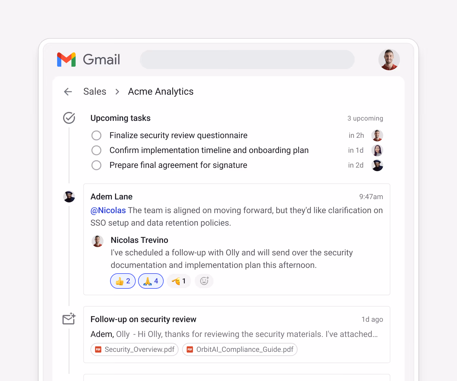 Streak Sales box for Acme Analytics showing Upcoming tasks — "Finalize security review questionnaire" (in 2h), "Confirm implementation timeline and onboarding plan" (in 1d), "Prepare final agreement for signature" (in 2d) — and Adem Lane @Nicolas about SSO setup and data retention policies, with Nicolas's reply confirming follow-up and upcoming Security_Overview.pdf and OrbitalAI_Compliance_Guide.pdf attachments