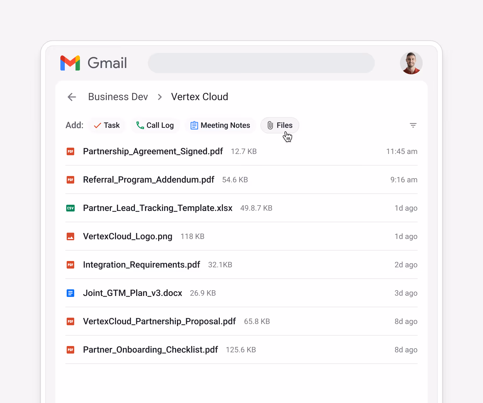 Streak Business Dev box for Vertex Cloud showing the Files tab — with Partnership_Agreement_Signed.pdf, Referral_Program_Addendum.pdf, Partner_Lead_Tracking_Template.xlsx, Integration_Requirements.pdf, Joint_GTM_Plan_v3.docx, VertexCloud_Partnership_Proposal.pdf, and Partner_Onboarding_Checklist.pdf — all stored directly on the partnership record in Gmail