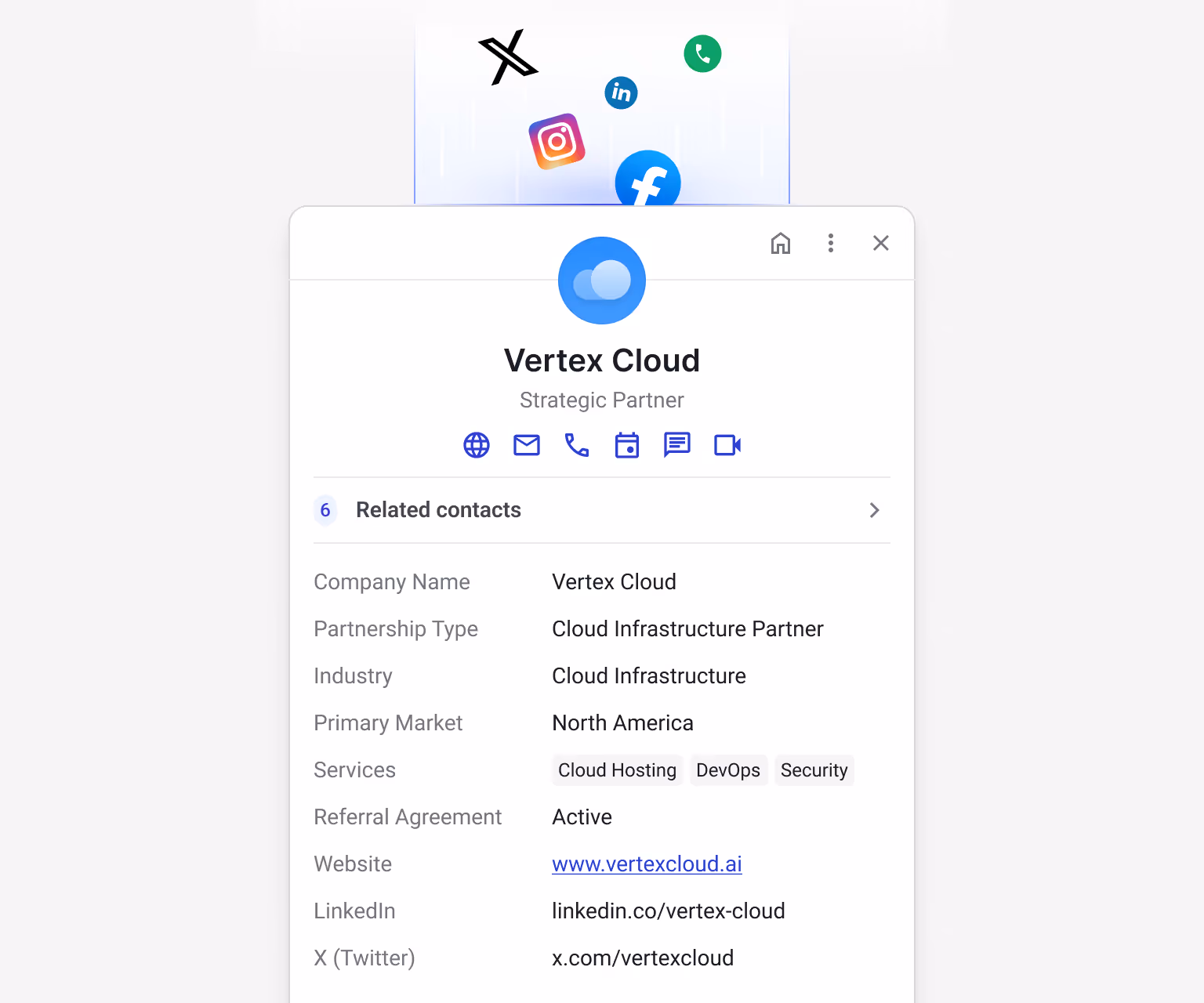 Streak contact record for Vertex Cloud (Strategic Partner) — showing Partnership Type: Cloud Infrastructure Partner, Industry: Cloud Infrastructure, Primary Market: North America, Services: Cloud Hosting / DevOps / Security, Referral Agreement: Active, Website: www.vertexcloud.ai — automatically enriched from email history and web data