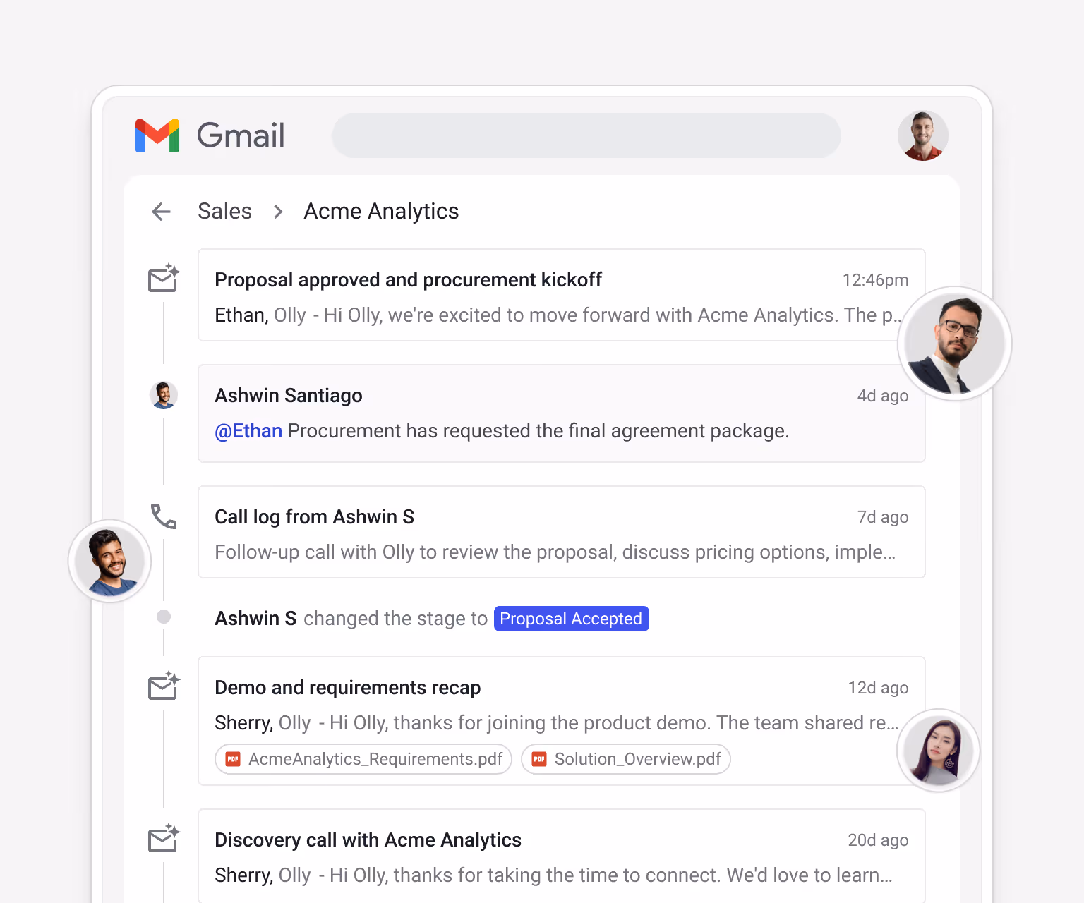 Streak Sales box timeline for Acme Analytics — showing "Proposal approved and procurement kickoff" (Ethan/Olly), Ashwin Santiago @Ethan "Procurement has requested the final agreement package", Call log from Ashwin S (reviewing proposal and pricing), Ashwin S changed stage to Proposal Accepted, "Demo and requirements recap" (Solution_Overview.pdf), "Discovery call with Acme Analytics" — the full deal history in one shared view