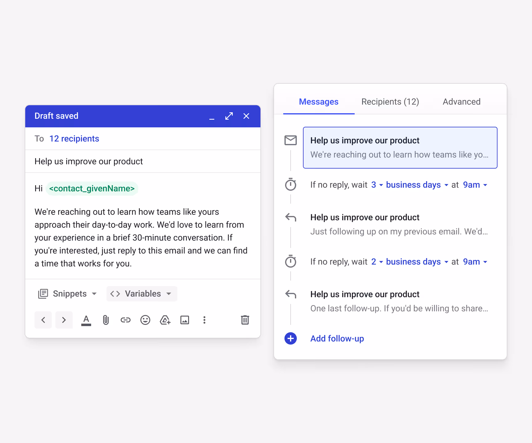 Streak mail merge "Help us improve our product" draft to 12 research participants — with <contact_givenName> variable and a 3-step follow-up sequence (wait 3 business days, wait 2 business days) — for scalable customer discovery outreach