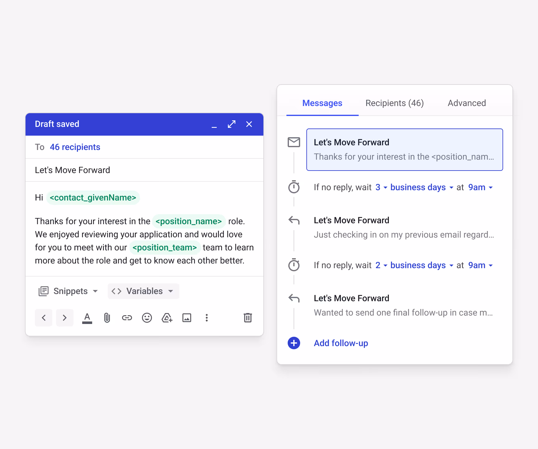 Streak mail merge "Let's Move Forward" draft to 46 candidates — with <contact_givenName> and <position_name> variables — and a 3-step automated follow-up sequence: initial invite, wait 3 business days at 9am (follow-up), wait 2 business days at 9am (final follow-up)