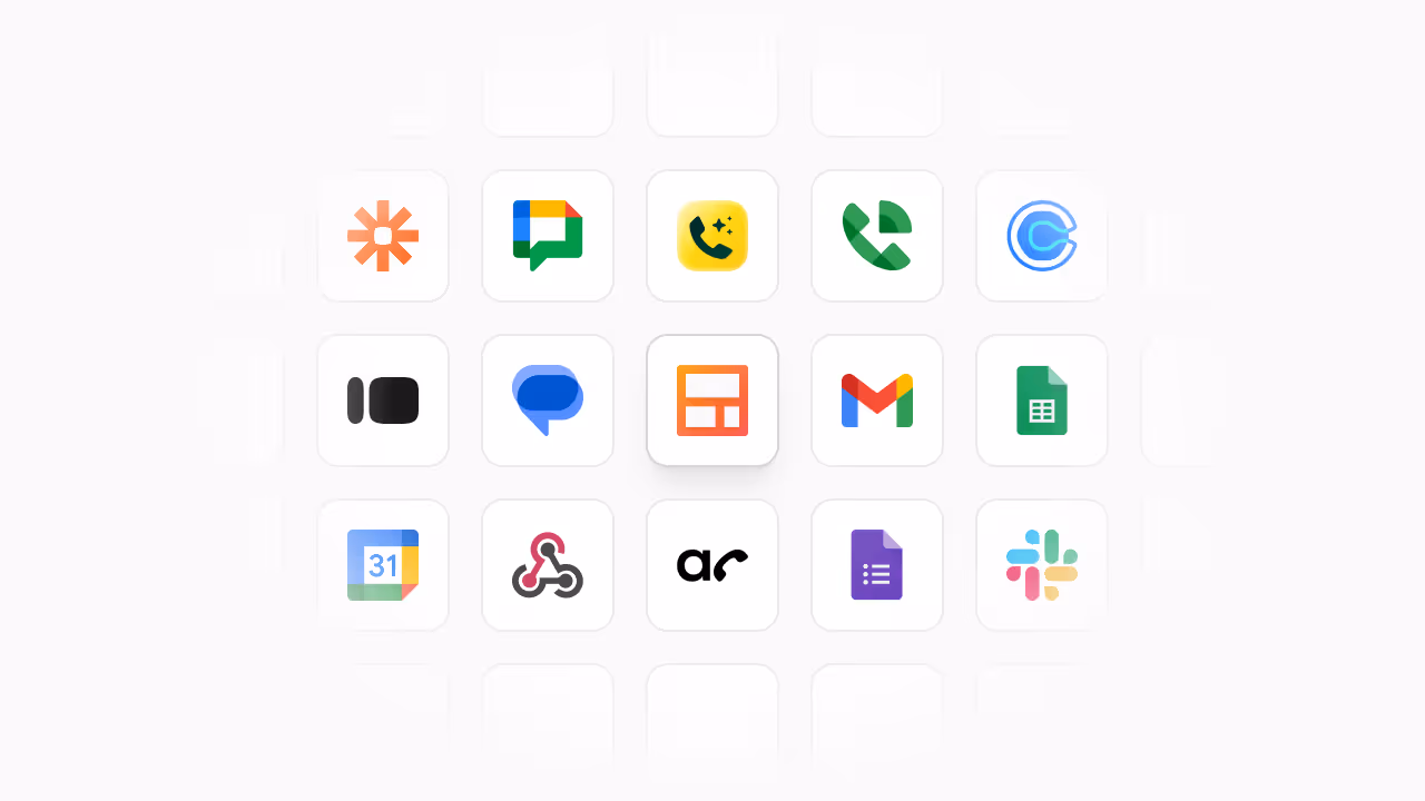 Streak integrations grid showing compatible apps — Google Chat, Dialpad, OpenPhone, Calendly, Trello, Streak, Gmail, Google Sheets, Google Calendar, Webhooks, Google Forms, Slack — for connecting the small business CRM with every tool the team already uses