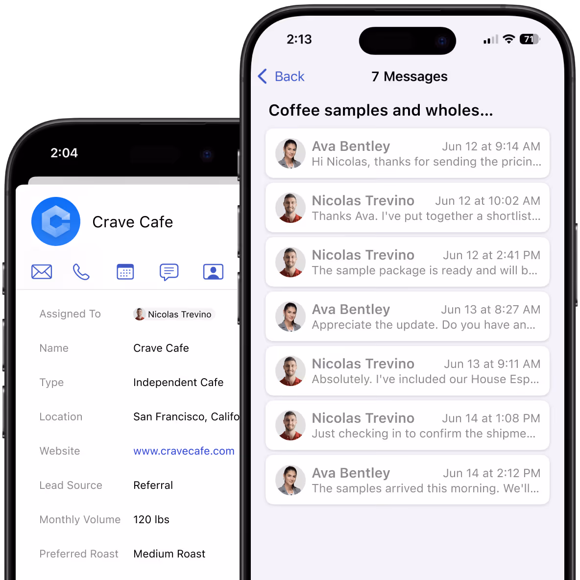 Streak mobile app showing a Crave Cafe contact record on a dark background, and an iPhone screen displaying a "Coffee samples and wholes..." Gmail thread between Ava Bentley and Nicolas Trevino with multiple messages about sample packages and pricing