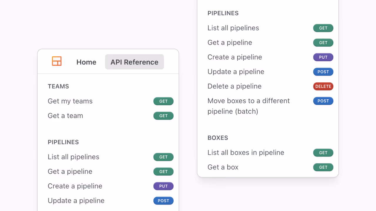 Streak API Reference showing pipeline and box endpoints — GET/PUT/POST for List all pipelines, Get a pipeline, Create a pipeline, Update a pipeline, Delete a pipeline, Move boxes, List all boxes in pipeline, Get a box — for developers building custom integrations with the Streak CRM