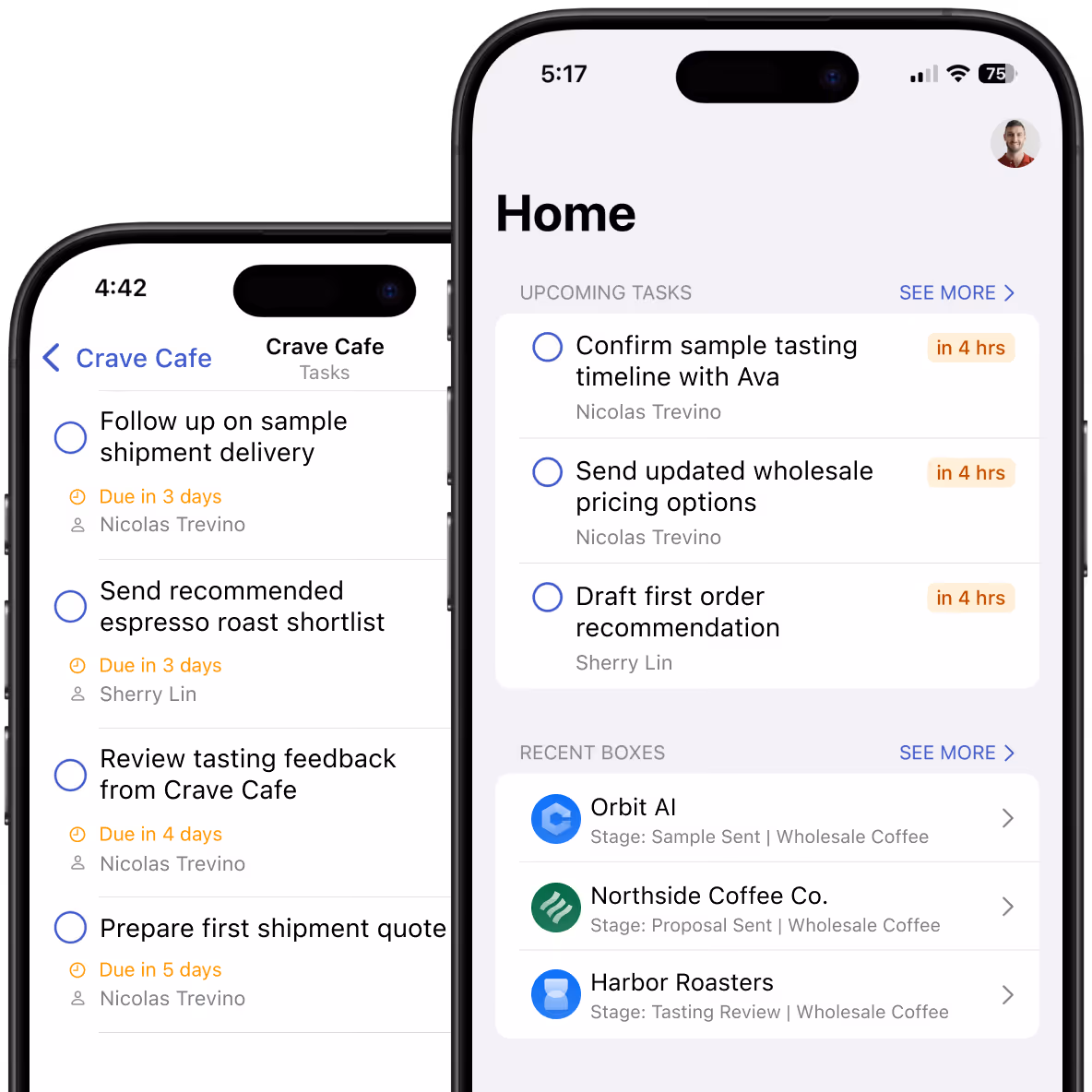 Streak mobile app showing two views — a Tasks screen (Follow up on sample shipment delivery, Send recommended espresso roast shortlist/Sherry, Review tasting feedback from Crave Cafe, Prepare first shipment quote/Nicolas) and a Home screen (Upcoming tasks: Confirm sample tasting timeline with Ava, Send updated wholesale pricing options, Draft first order recommendation; Recent Boxes: Orbit AI Summit, Northside Coffee Co., Harbor Roasters)